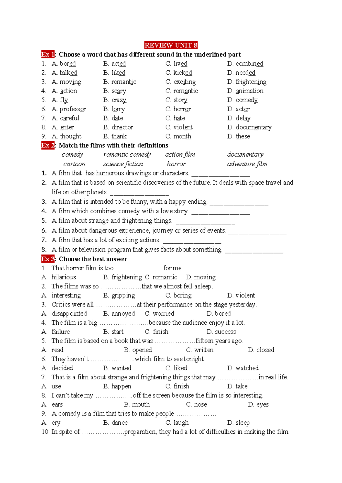 Review Unit 8: Film Genres and Vocabulary Exercises - Studocu