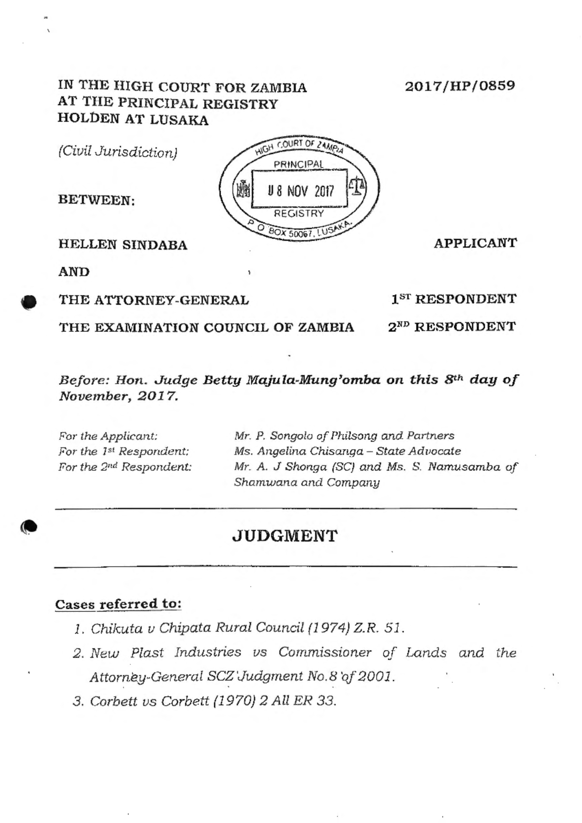 Hellen Sindaba v Examination Council of Zambia: Judgment Analysis (2017 ...