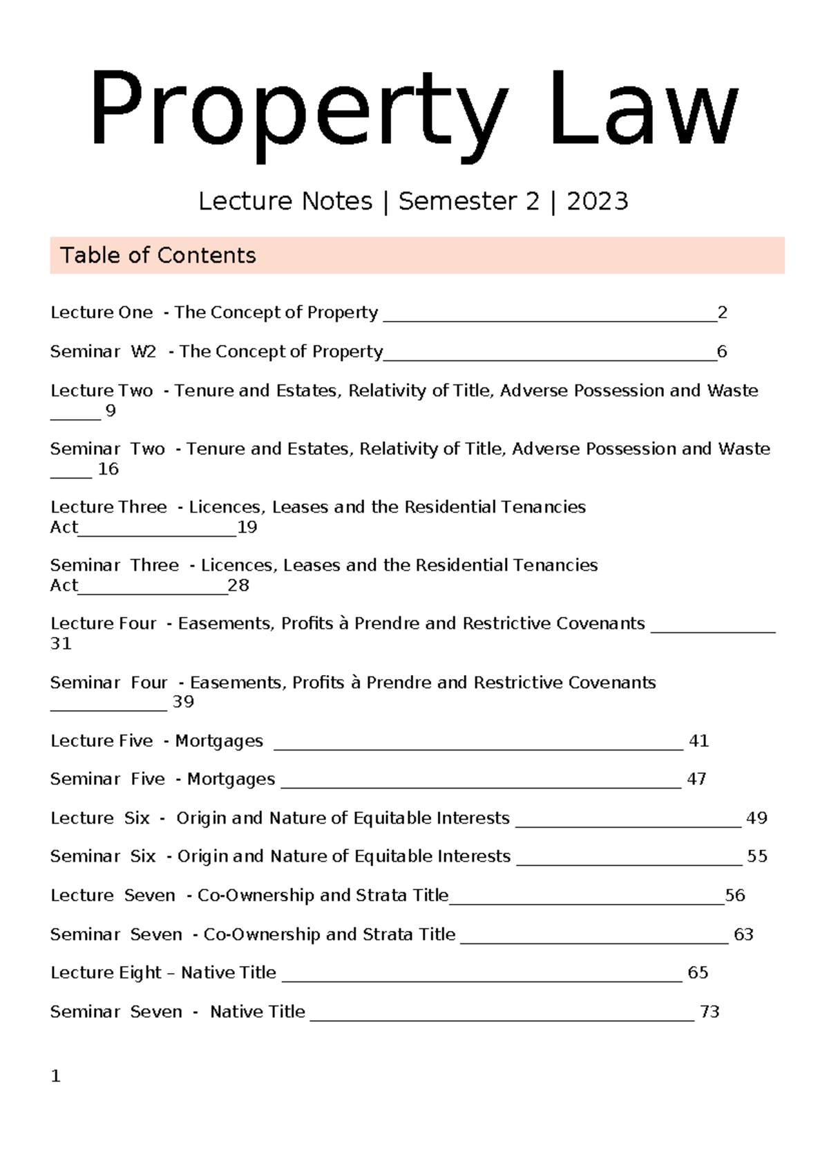 Property Law Lecture Notes (LAW101) - Semester 2, 2023 Overview - Studocu