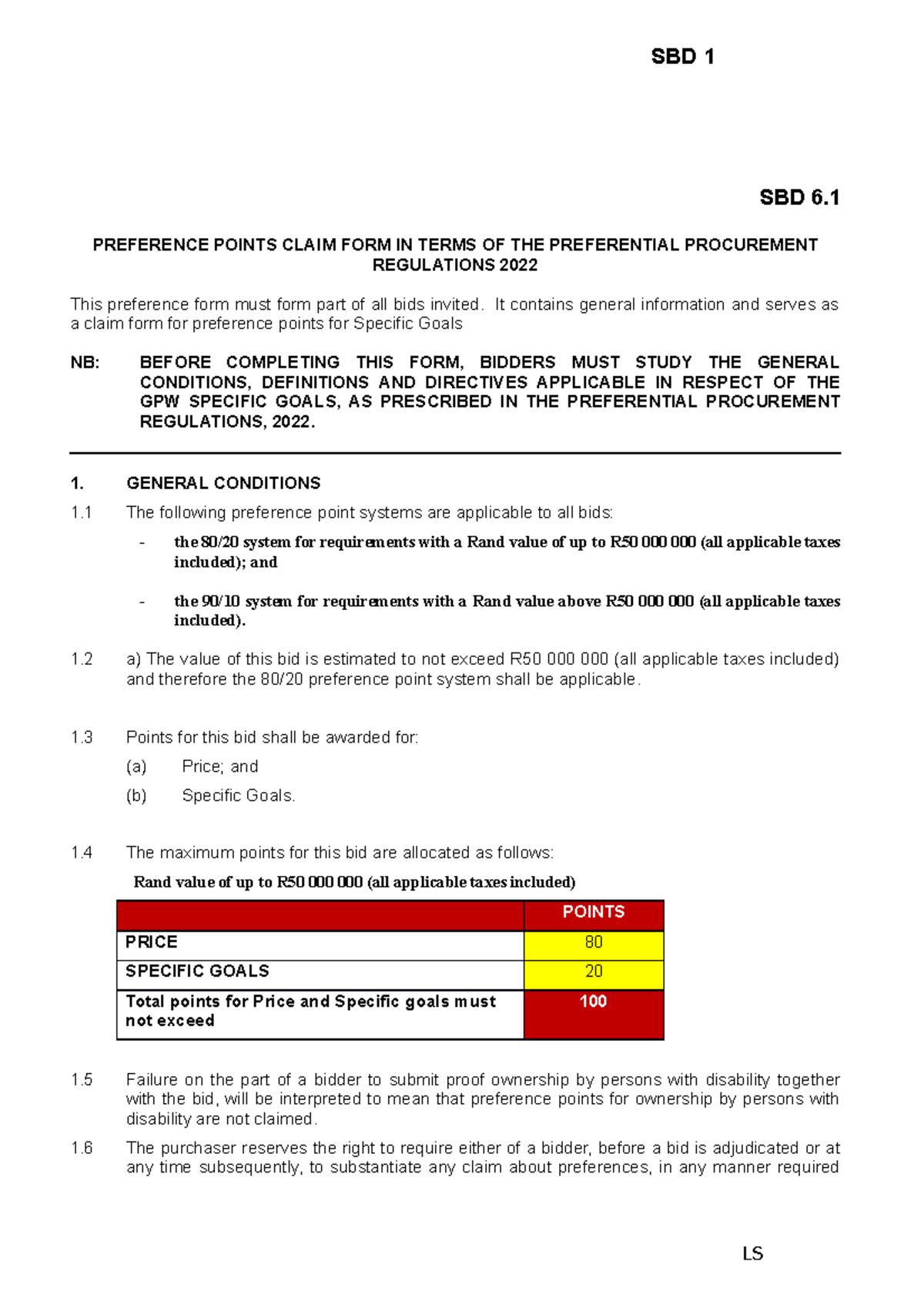 SBD 6.1 Preference Points Claim Form - GPW Regulations 2022 - Studocu