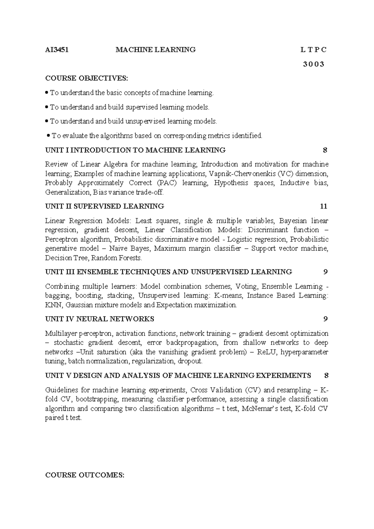 AI3451 Machine Learning Syllabus Overview and Course Objectives - Studocu