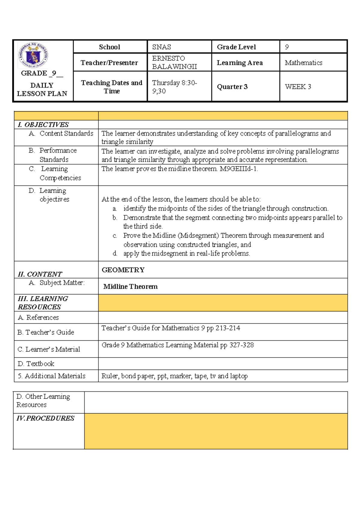 Grade 9 Mathematics Lesson Plan: Midline Theorem (Q3 W3) - Studocu