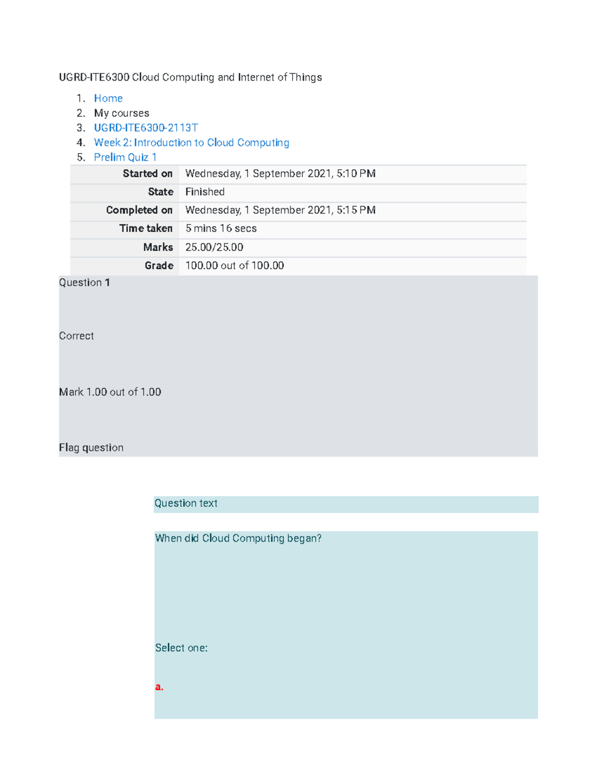 Cloud Computing and IoT: Week 2 Prelim Quiz 1 (Course Code) - Studocu