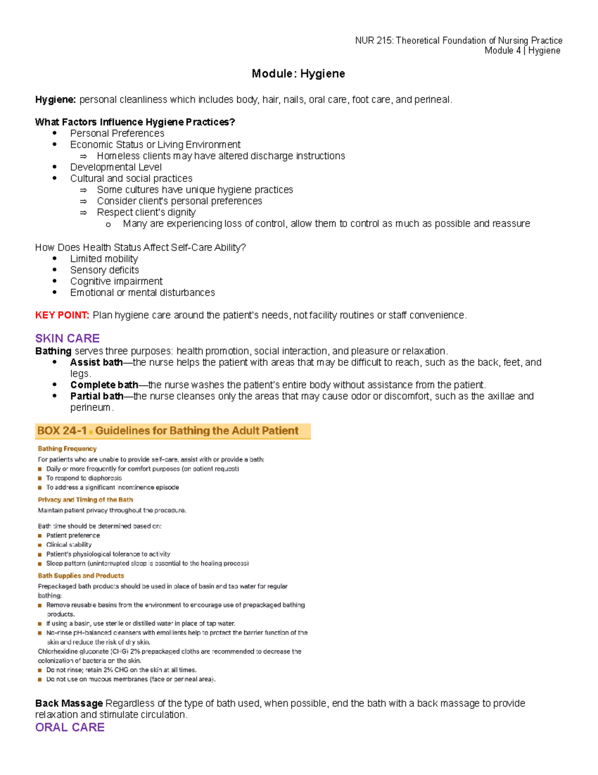 NUR 215 Module 4: Hygiene Care - Key Concepts and Guidelines - Studocu