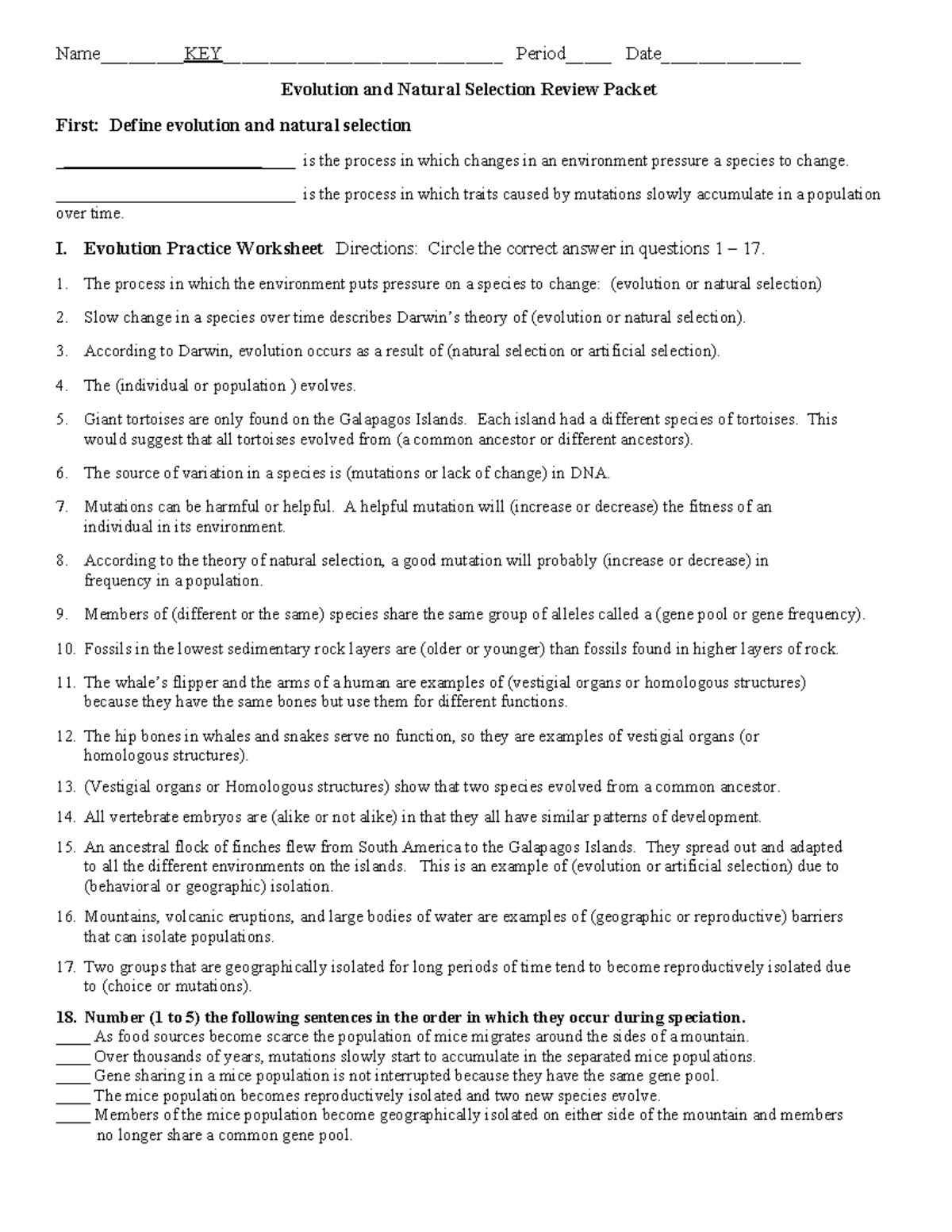 Evolution and Natural Selection Review Packet - Studocu