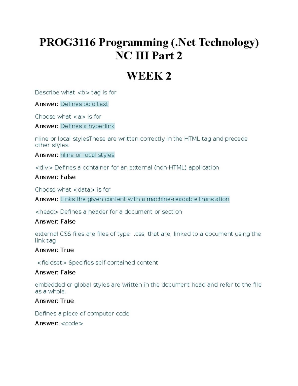 606775957 PROG3116 Programming .Net Technology Week 1-10 Notes - Studocu