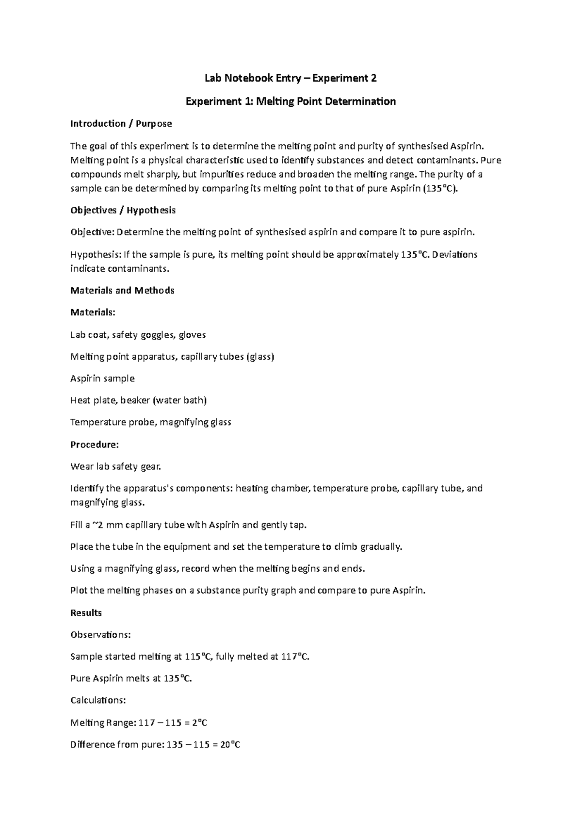 Melting Point Determination - Lab Notebook Entry for Experiment 2 - Studocu