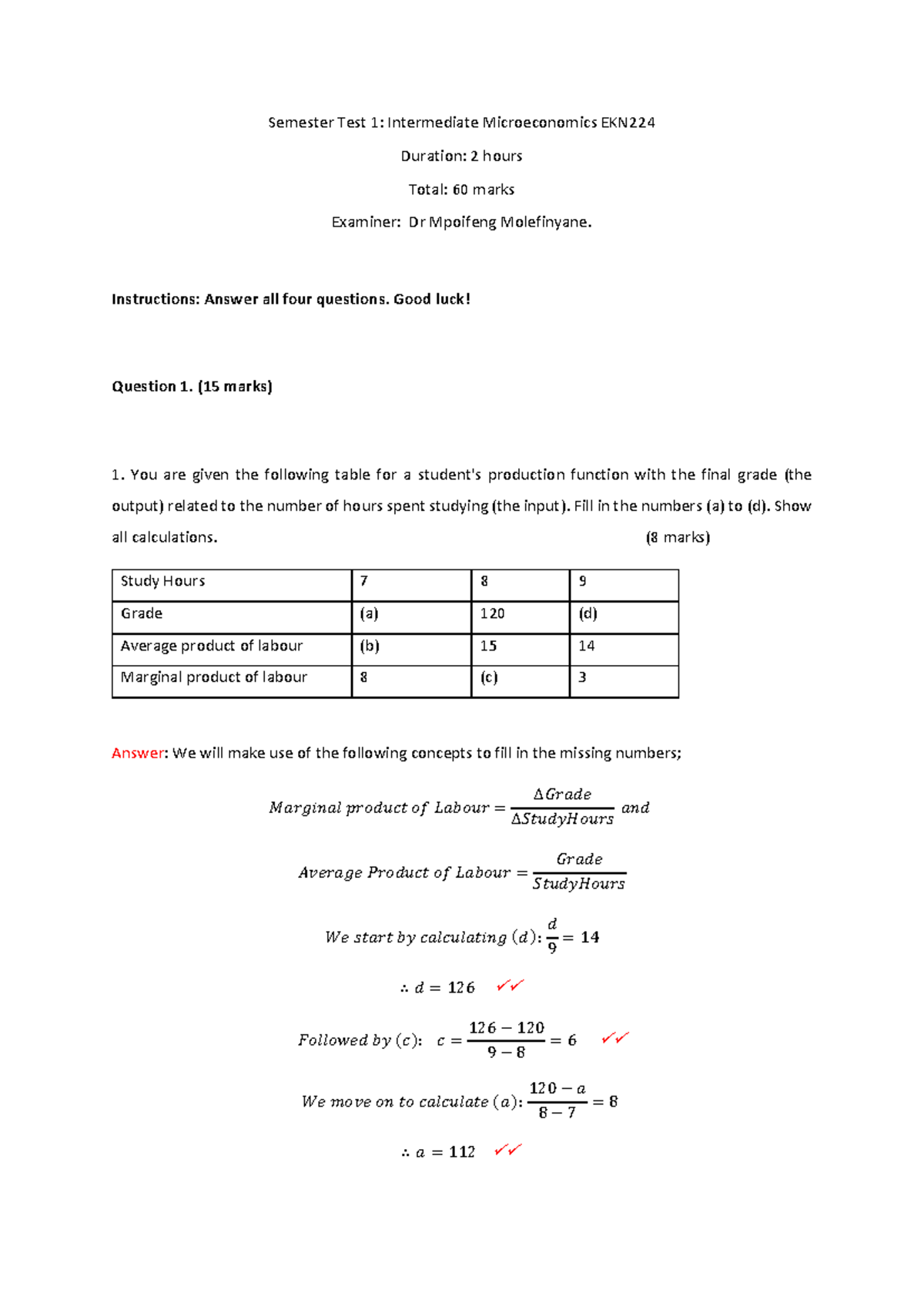 EKN224 Semester Test 1 Memo: Intermediate Microeconomics Answers - Studocu