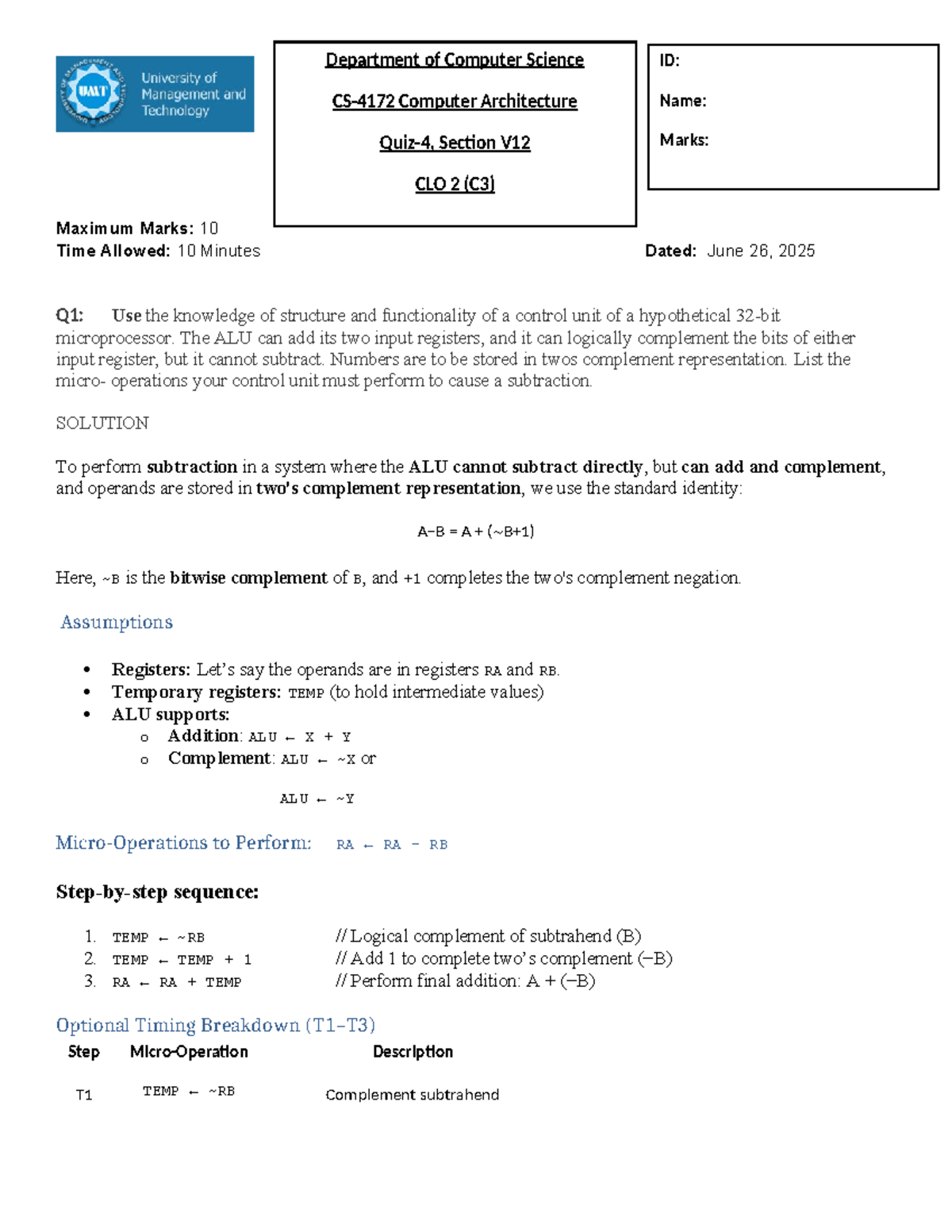 Quiz 4 Solutions for Computer Architecture CA CS245 V12 Spring 2025 ...