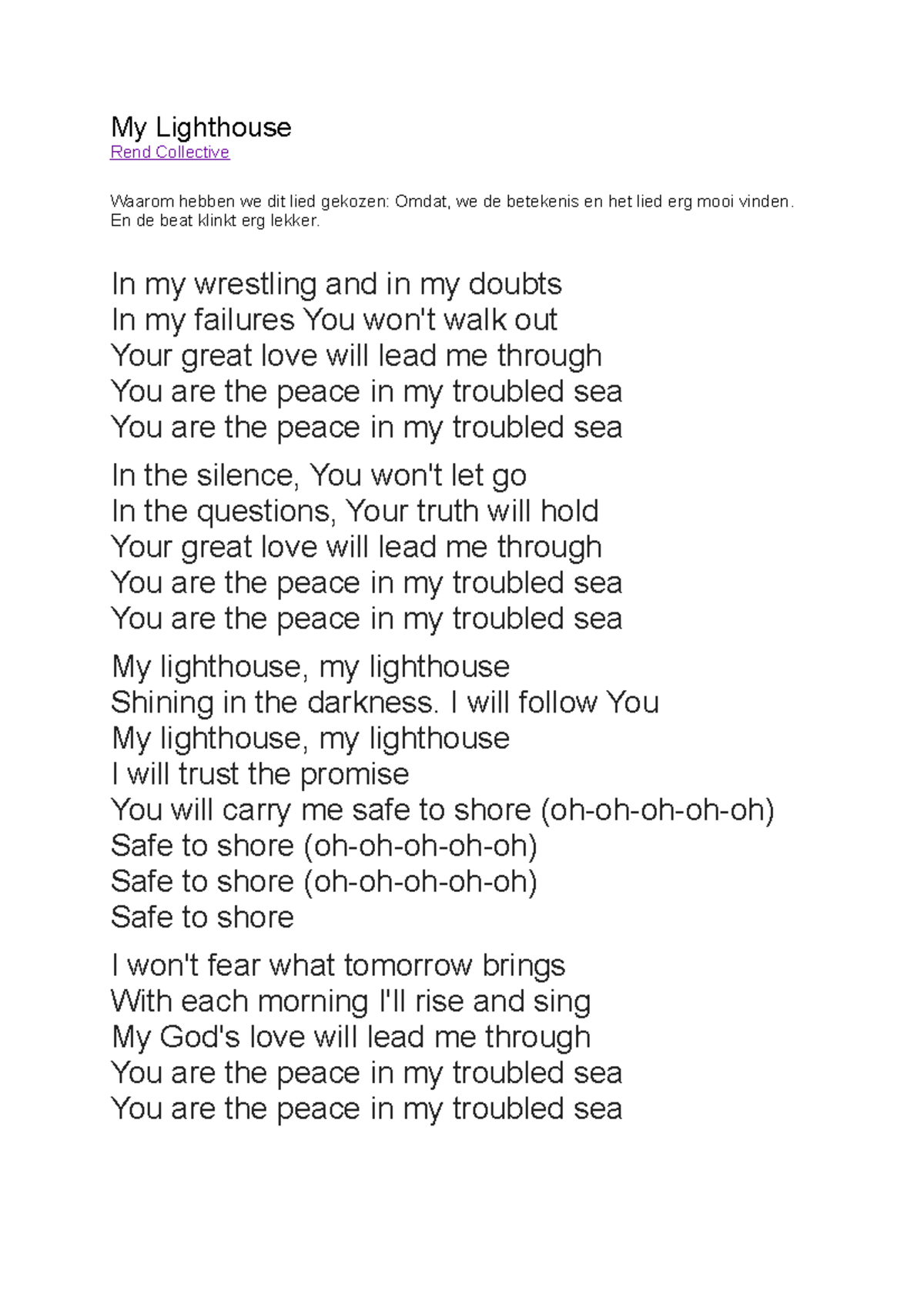 My Lighthouse - Rend Collective Song Analysis and Reflection - Studocu