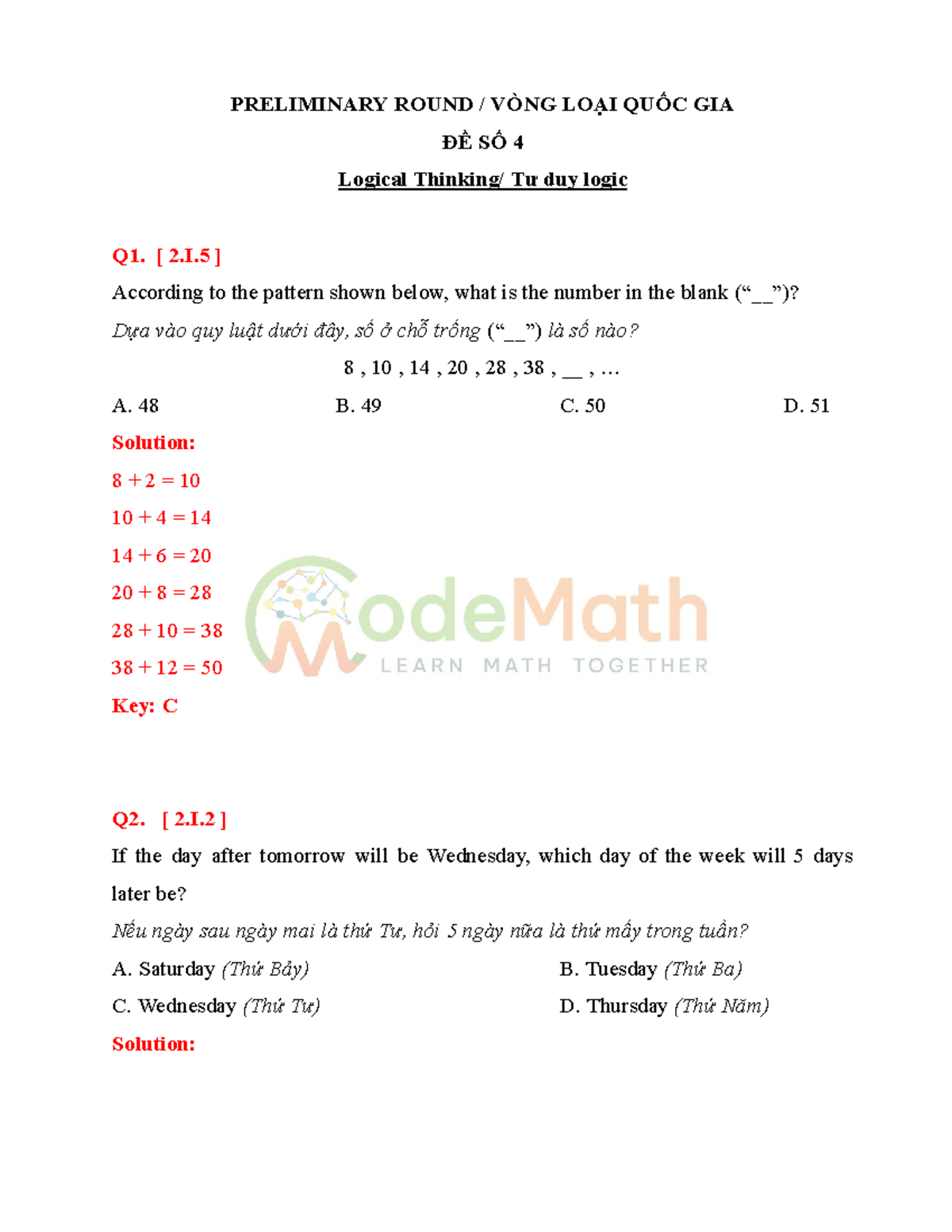 PRELIMINARY ROUND VÒNG LOẠI QUỐC GIA ĐỀ SỐ 4 Logical Tư duy logic - Studocu