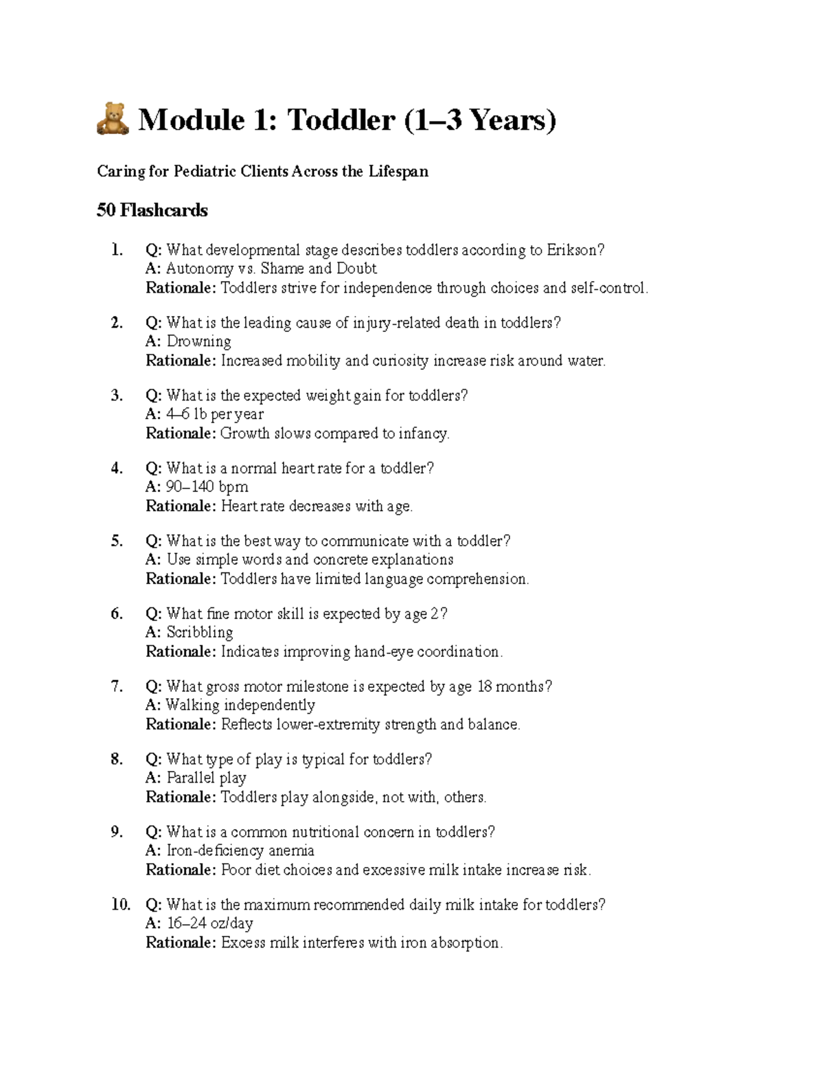 C&F Mod 3 Guide: Pediatric Care Flashcards for Toddlers & Preschoolers ...
