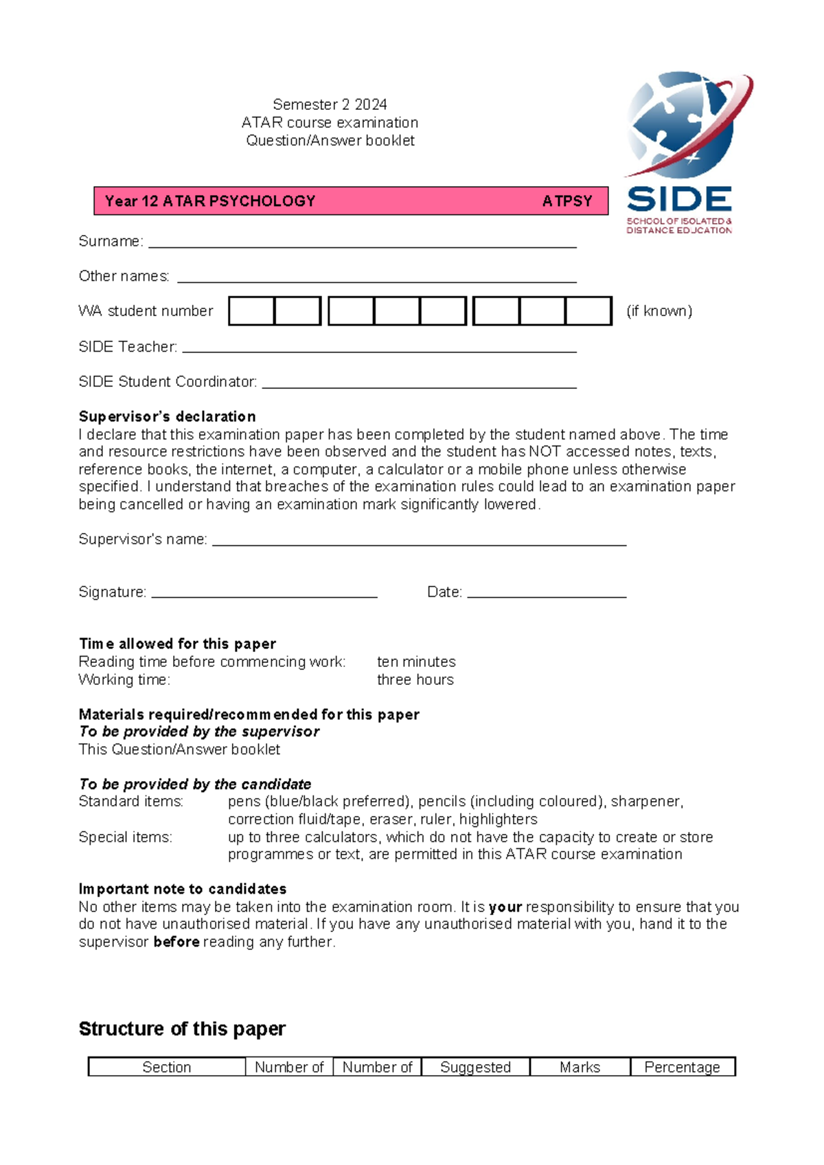 2024 ATAR Year 12 Psychology Exam Booklet - Studocu