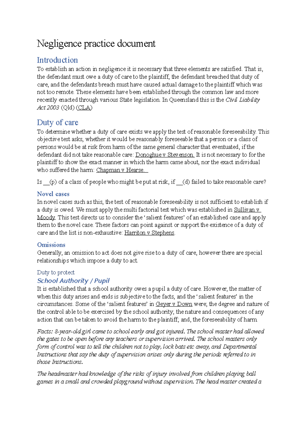 Duty of Care Principles: Key Concepts in Negligence Law - Studocu
