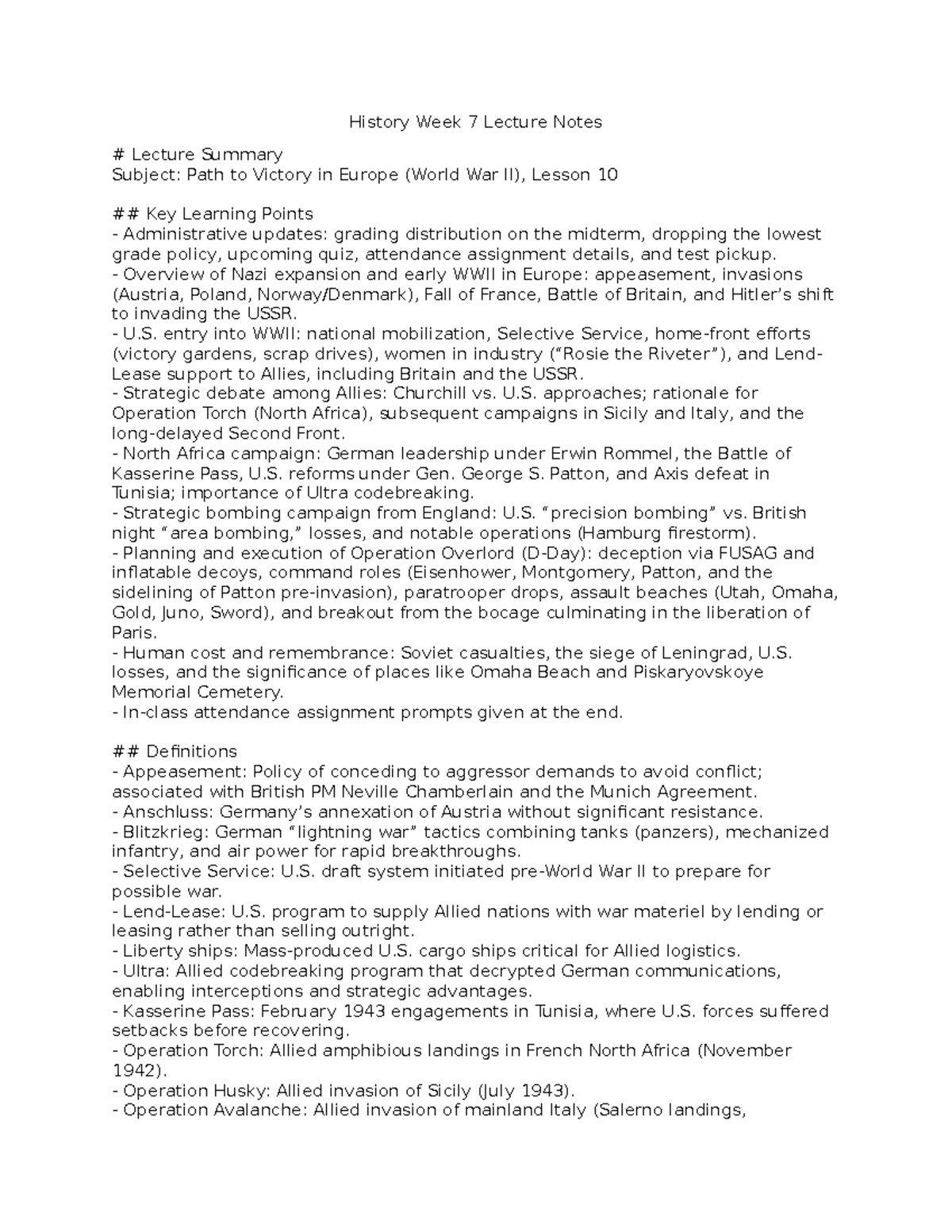 HIST 101: Week 7 Lecture Notes - Path to Victory in Europe (WWII) - Studocu