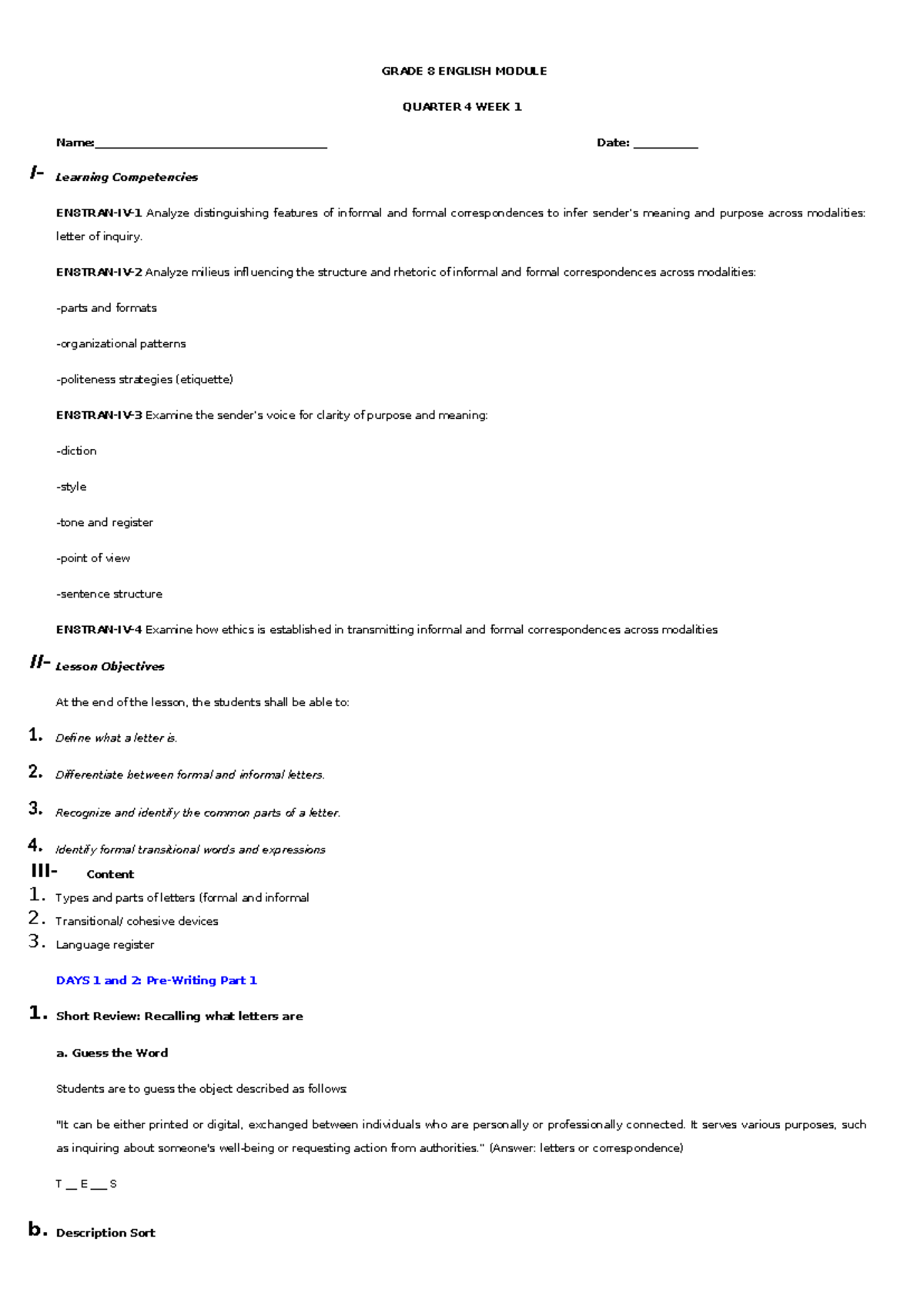 GRADE 8 ENGLISH MODULE: LETTERS - FORMAL & INFORMAL CORRESPONDENCE ...