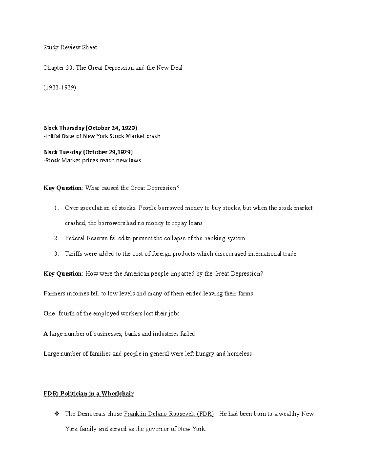 Study guide Apush - Study Review Sheet Chapter 33: The Great Depression ...