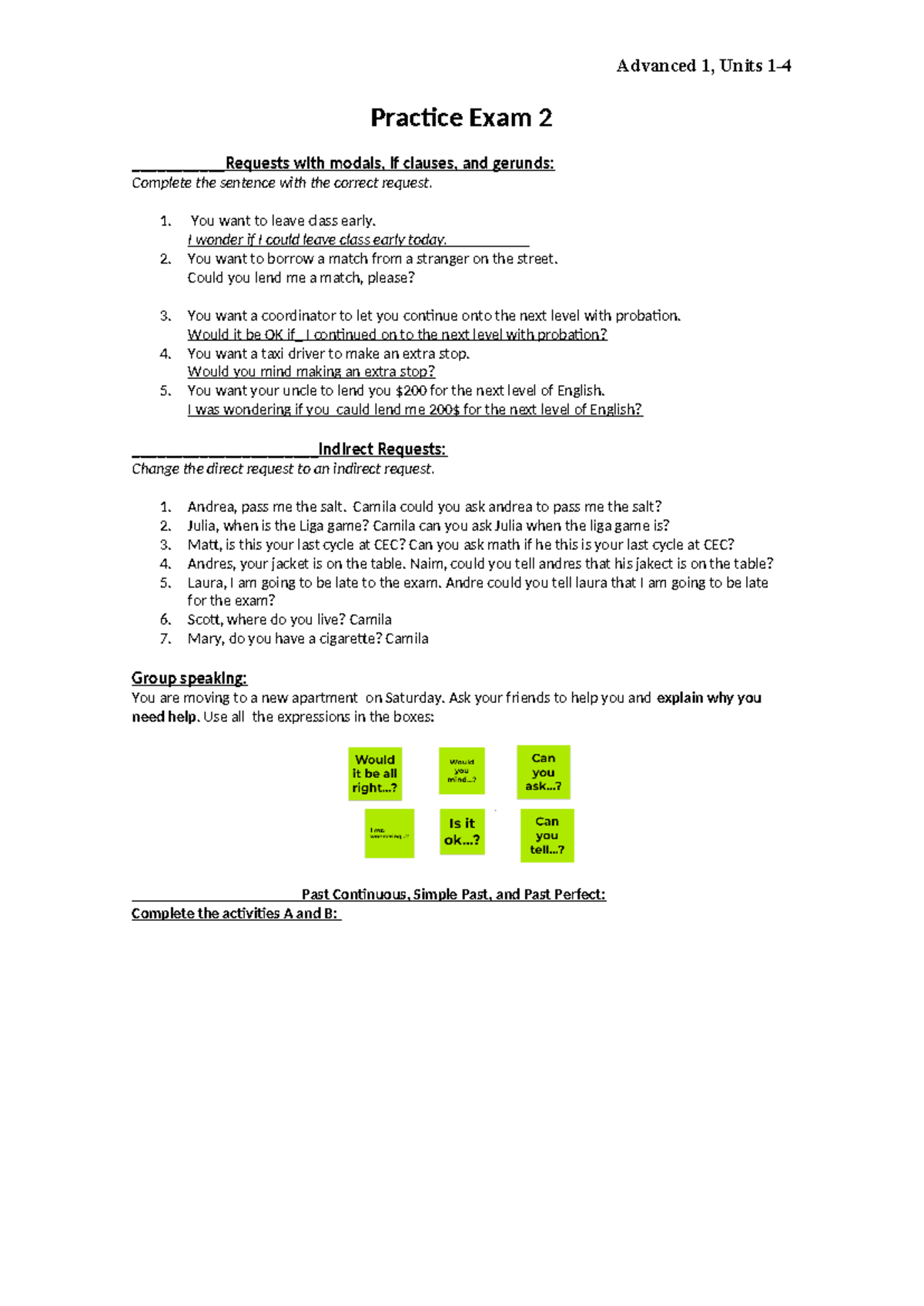 Advanced Review exam 2 updated - Advanced 1, Units 1- Practice Exam 2 ...