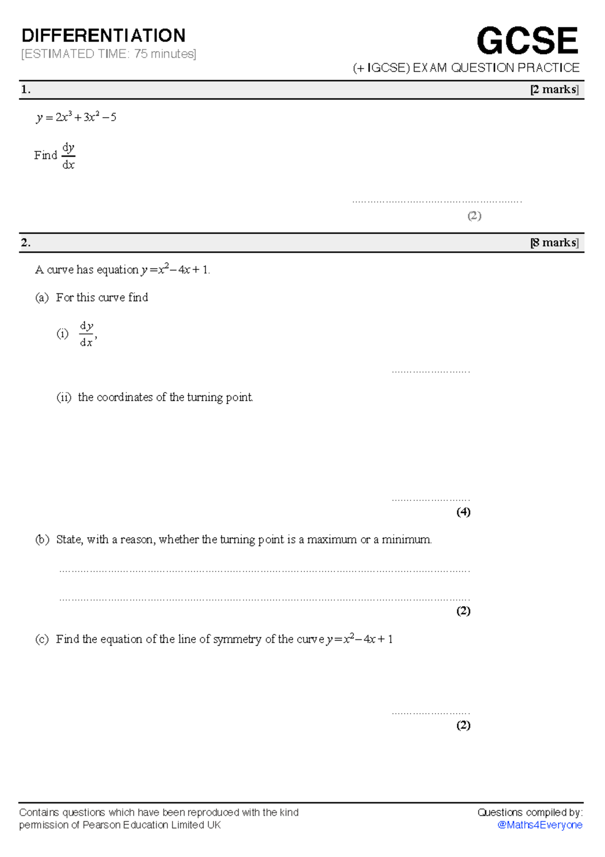 GCSE 9-1 Differentiation Practice Questions (30322) - Studocu