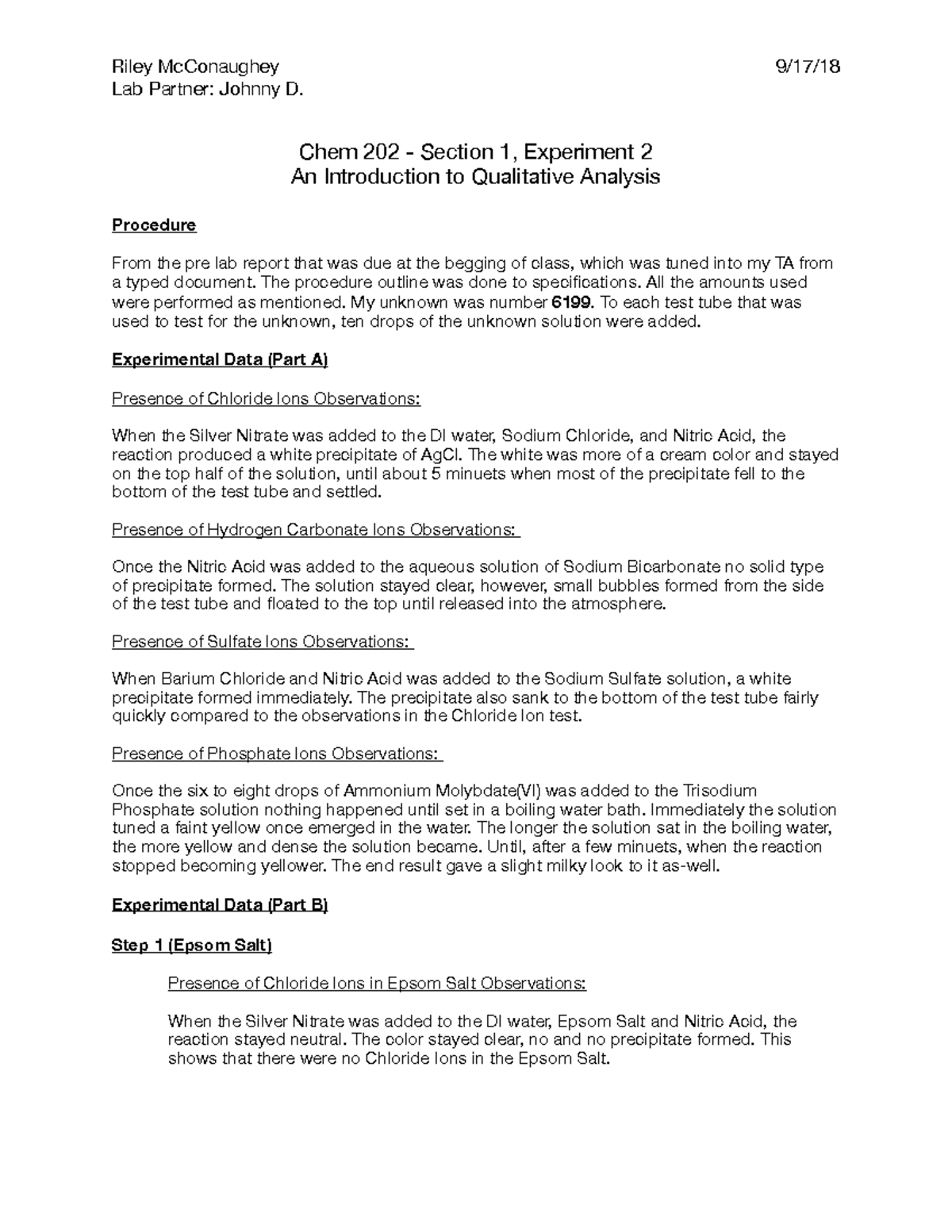 Chem 202 Qualitative Analysis Lab Report: Unknown 6199 Results - Studocu