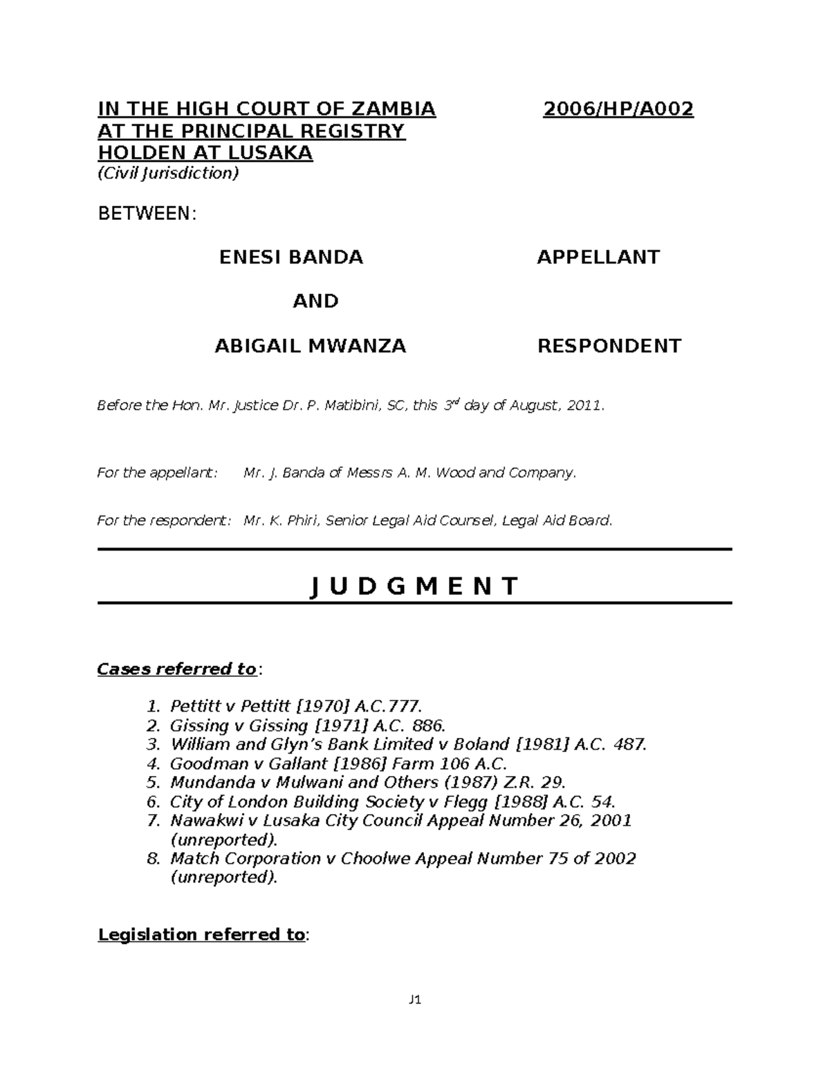 Banda v Mwanza (HPA 2 of 2006): High Court Judgment Analysis - Studocu