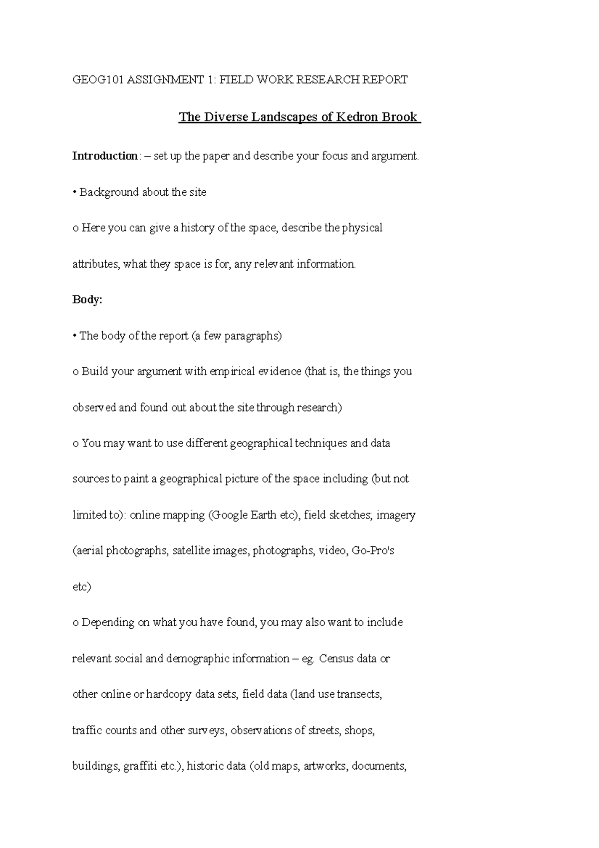 Field WORK Report - GEOG101 ASSIGNMENT 1: FIELD WORK RESEARCH REPORT ...
