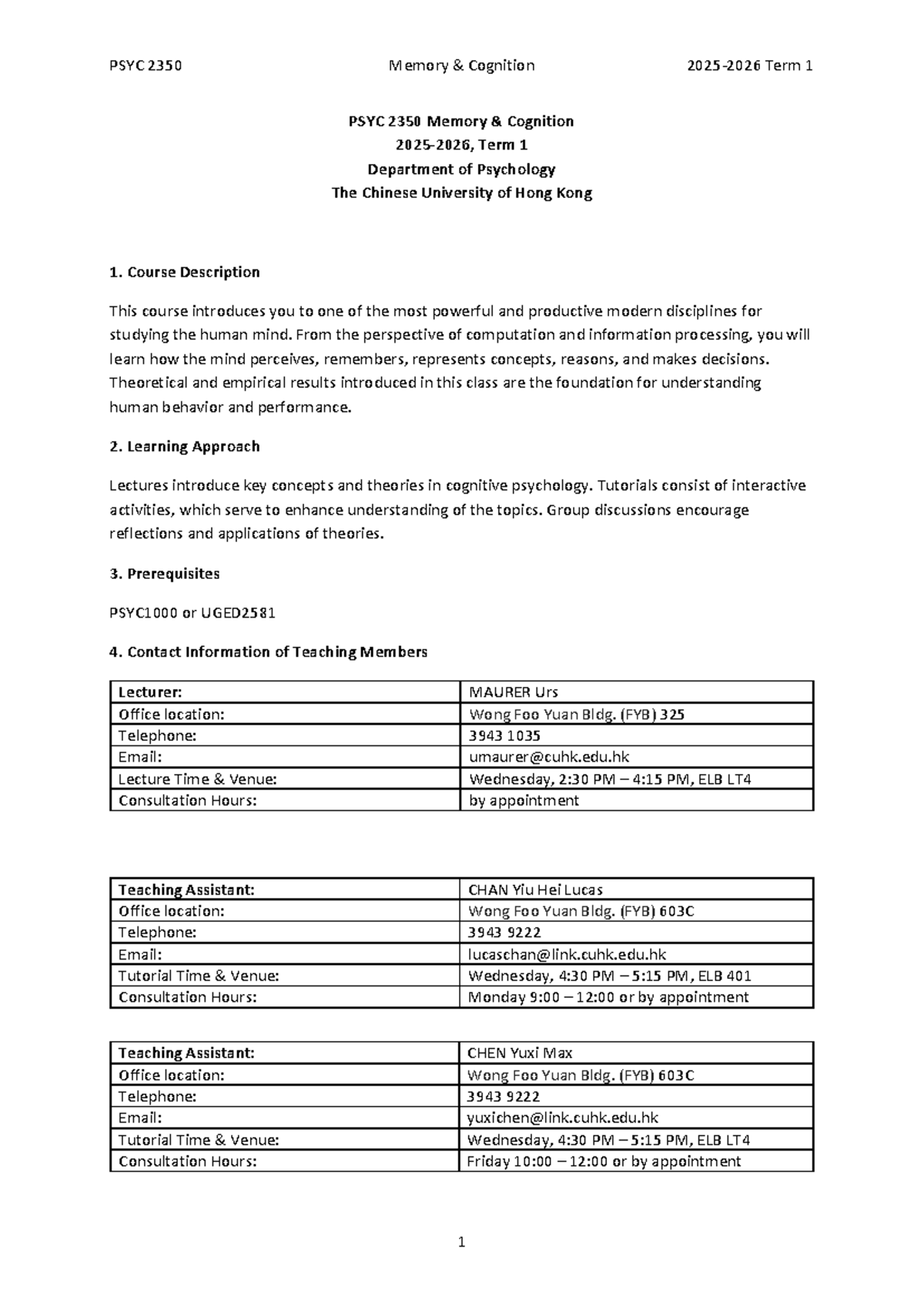 PSYC 2350 Memory Cognition Term 1 Course Outline and Overview - Studocu