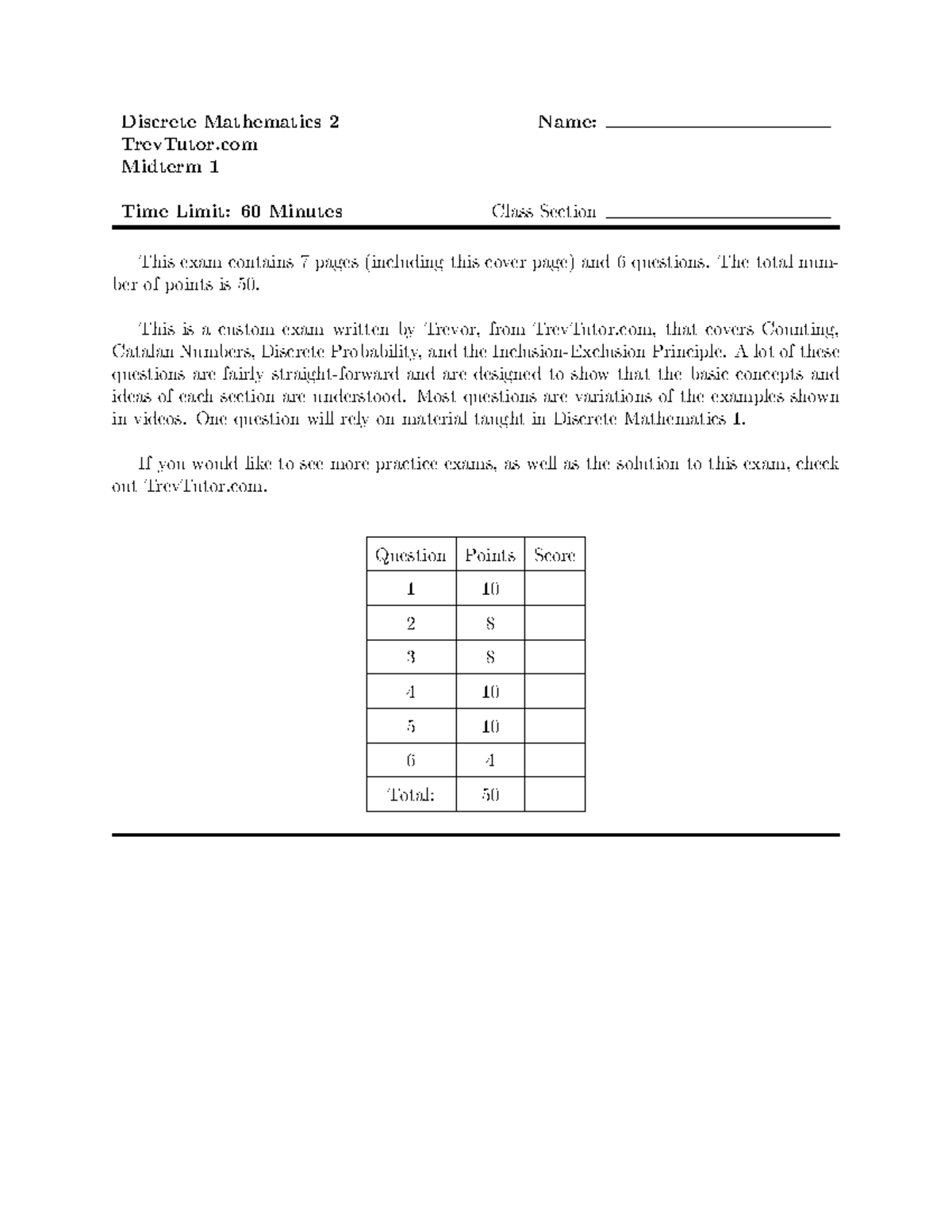 Discrete Math 2 Midterm 1: Counting, Probability & Inclusion-Exclusion ...