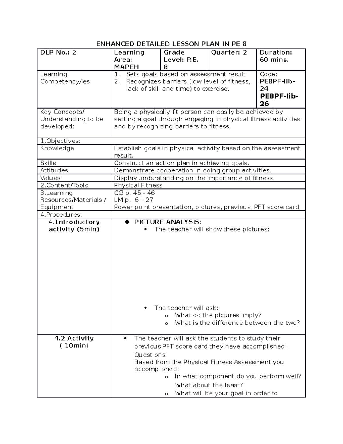 PE 13 - DLP MAPEH 7 - ENHANCED DETAILED LESSON PLAN IN PE 8 DLP No.: 2 ...
