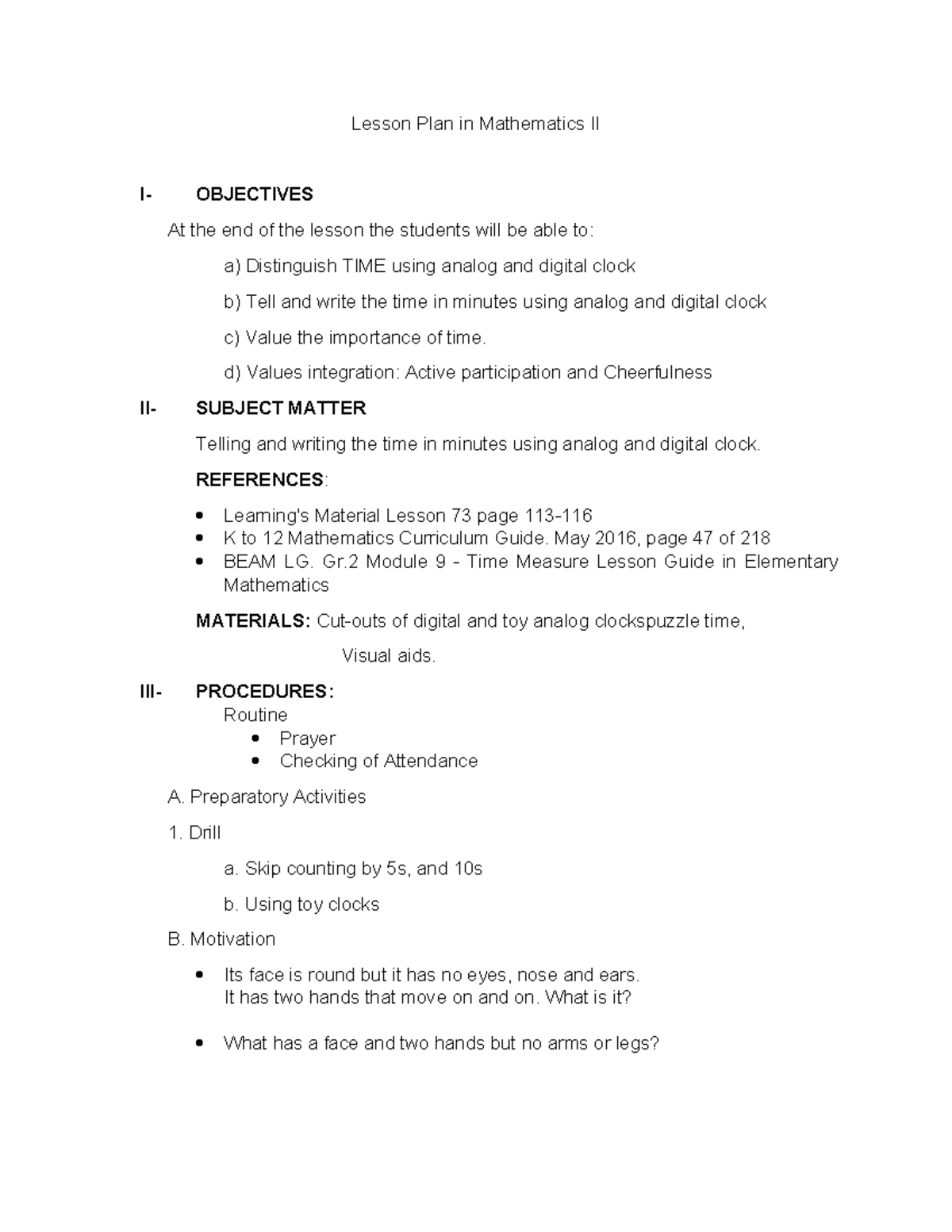 LP-MATH-DEMO - Lesson Plan: Telling Time using Clocks - Studocu