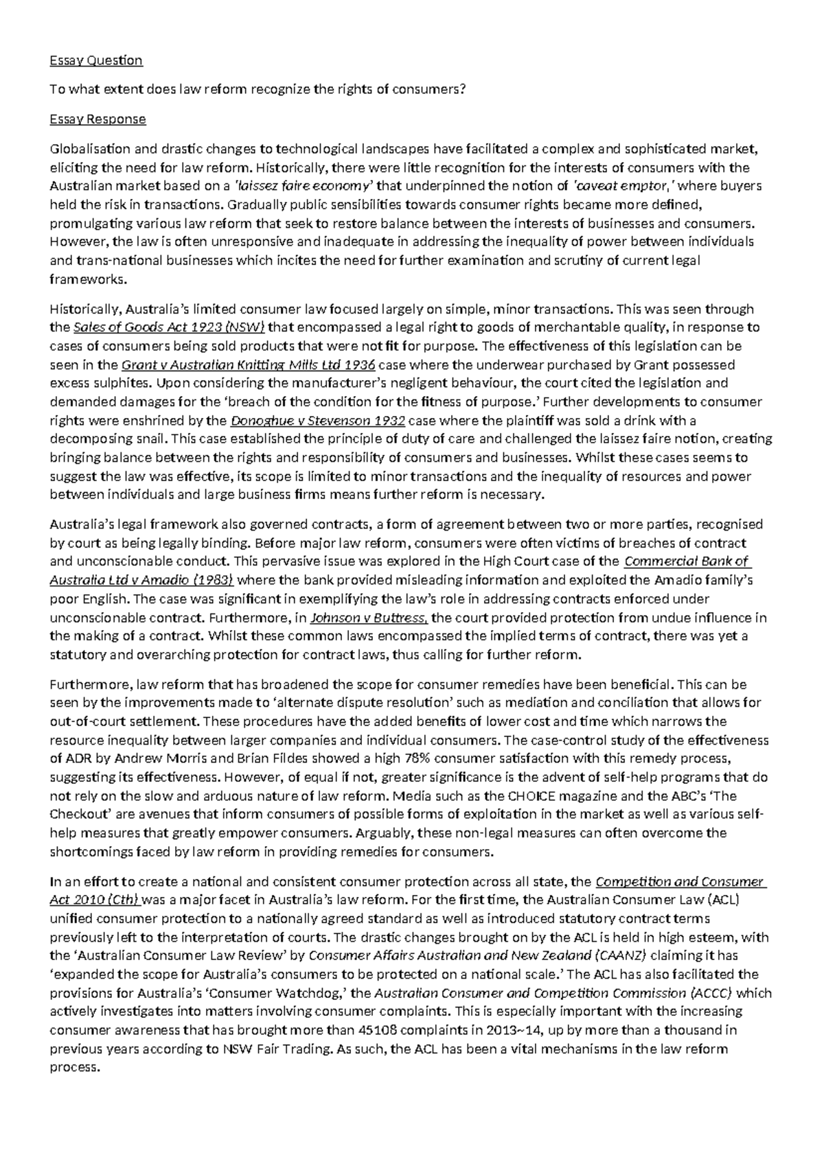 Consumer Law Essay: Analyzing Rights and Reforms in Australia - Studocu