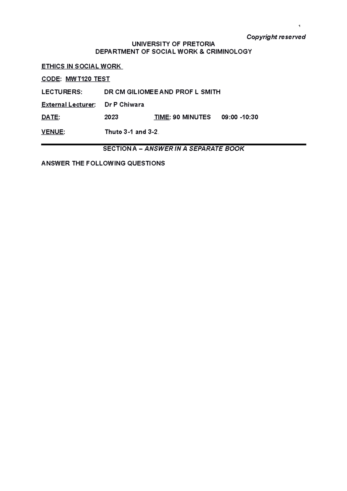 MWT 120 Test 2023 (Part B) Ethics in Social Work Memo - Studocu