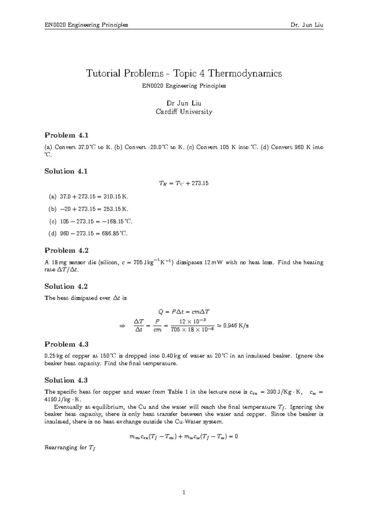 EN0020 Engineering Principles: Topic 4 Thermodynamics Tutorial ...