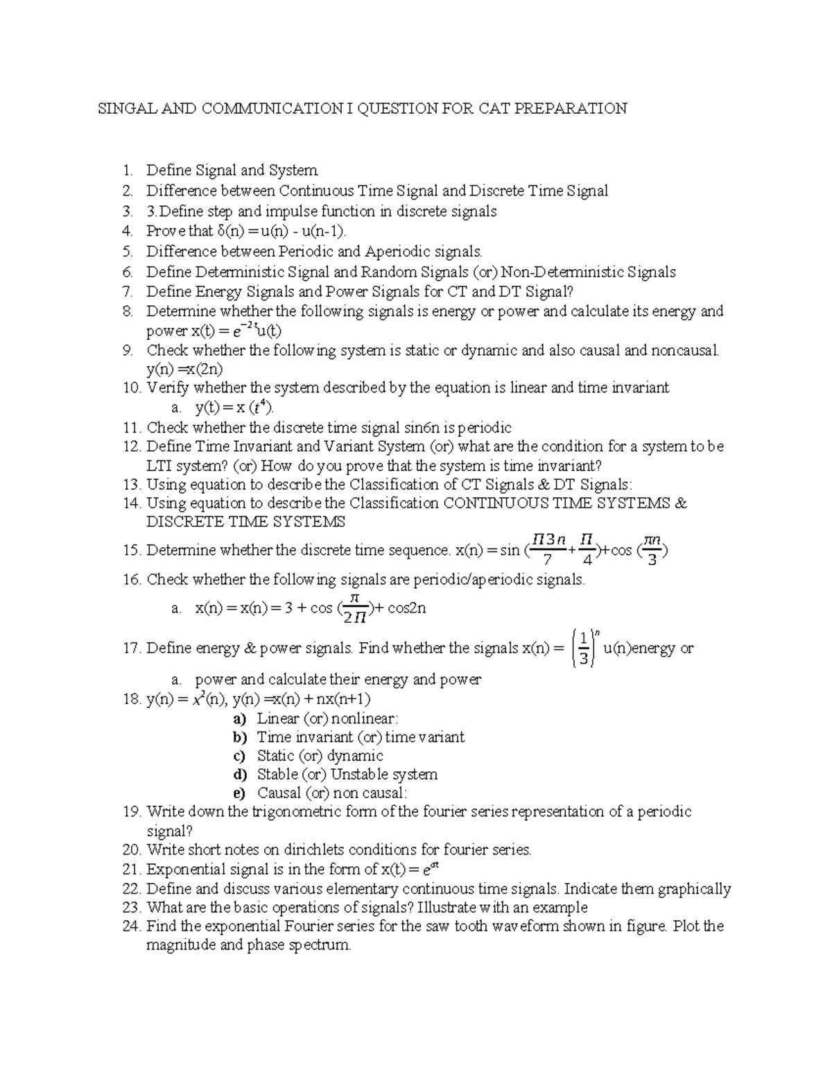 Signal and Communication I Questions for CAT Exam Preparation - Studocu