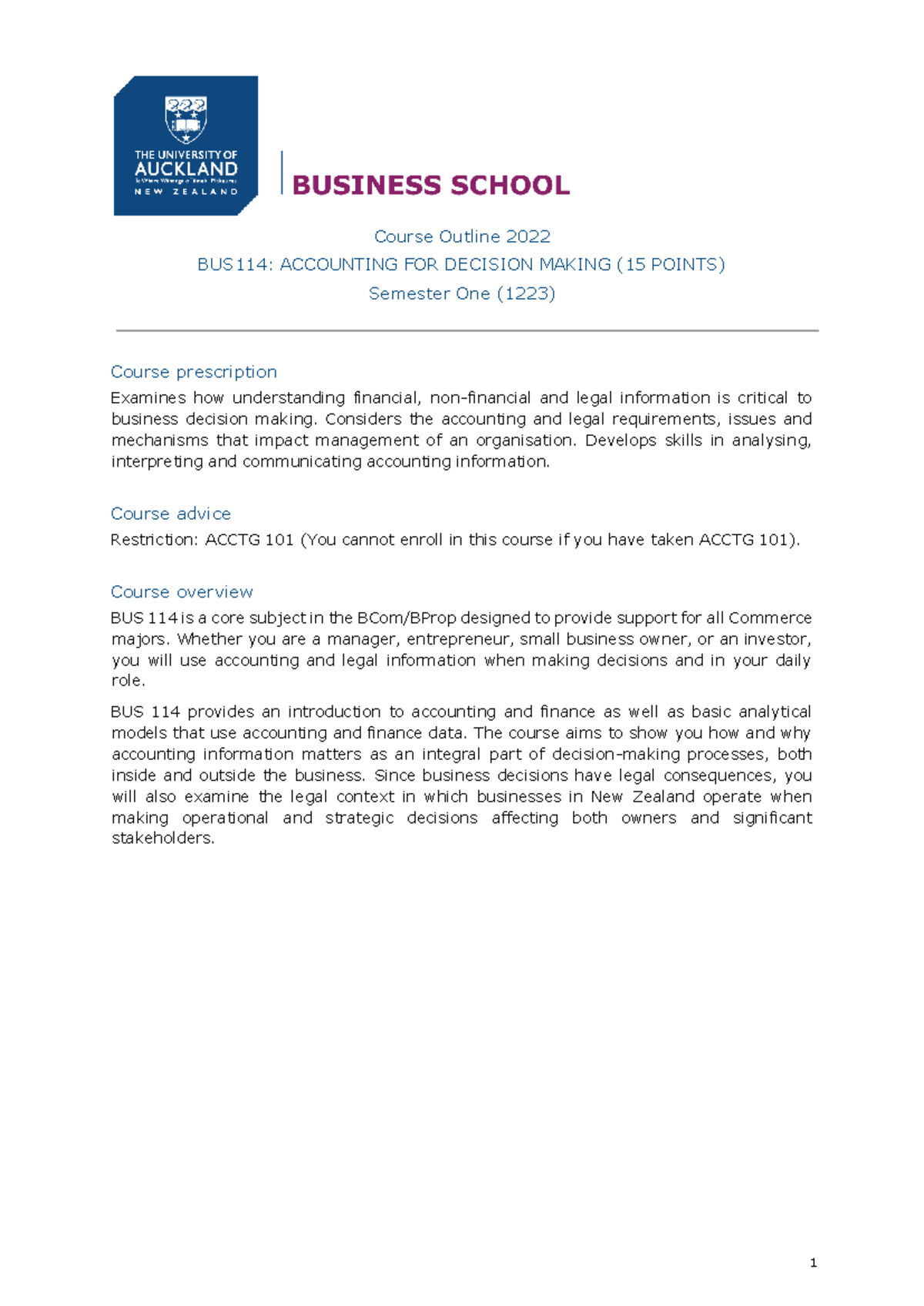 BUS 114 Course Outline and Learning Guide for S1 2022 - Studocu