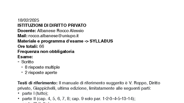 Istituzioni di Diritto Privato - Syllabus e Contenuti del Corso - Document Preview