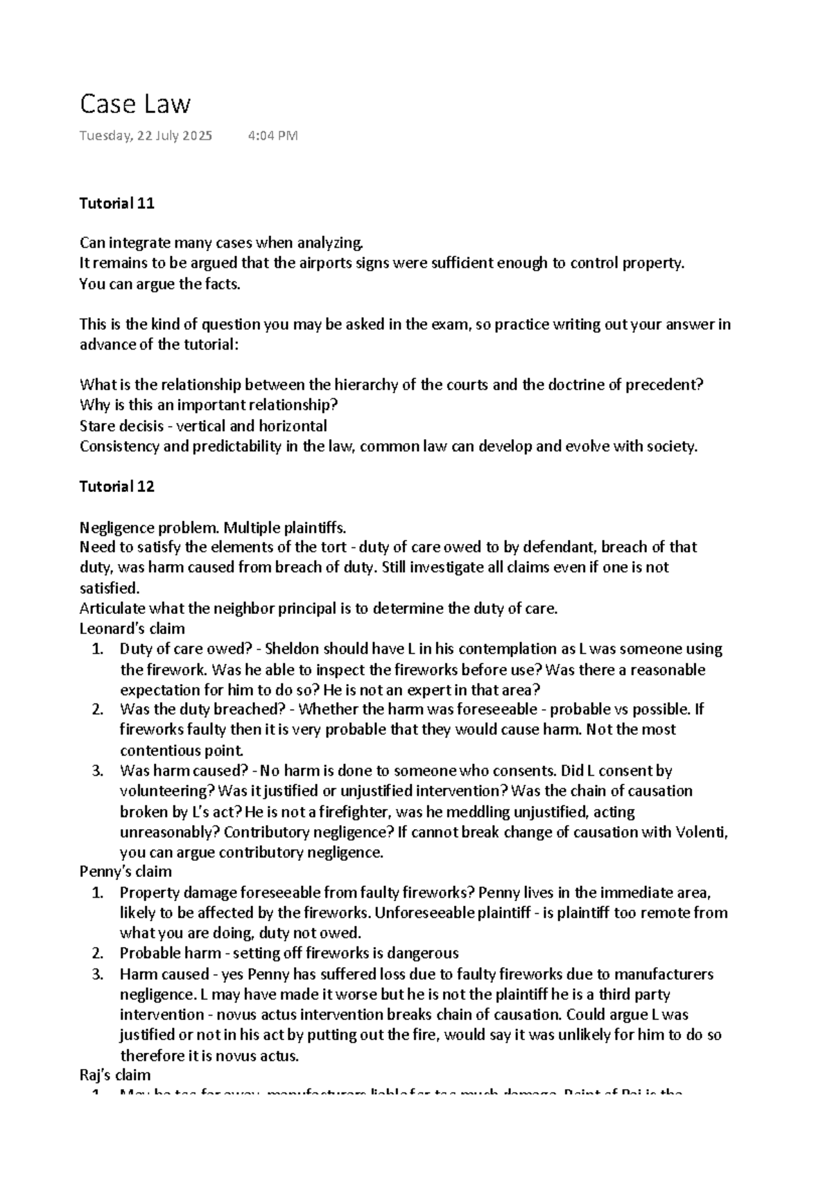 Case Law - Tutorial Notes on Negligence & Precedent Analysis - Studocu