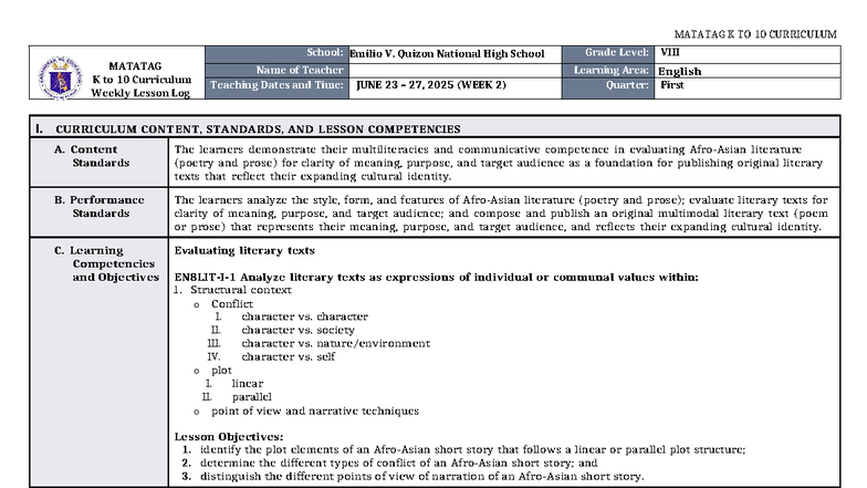 MATATAG K to 10 Curriculum Weekly Lesson Log: English 8 Q1 W2 - Studocu