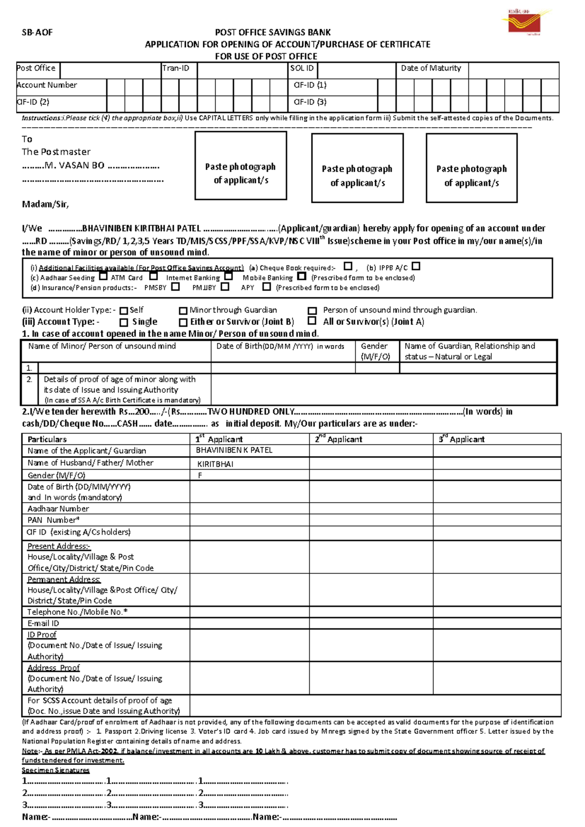 AOF Post Office Savings Bank Account Opening Application Form - Studocu