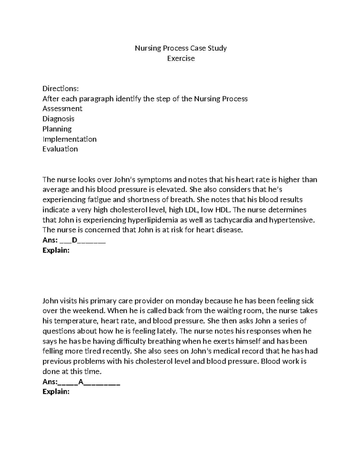 Nursing Process Case Study Exercise: Assessment to Evaluation Steps ...