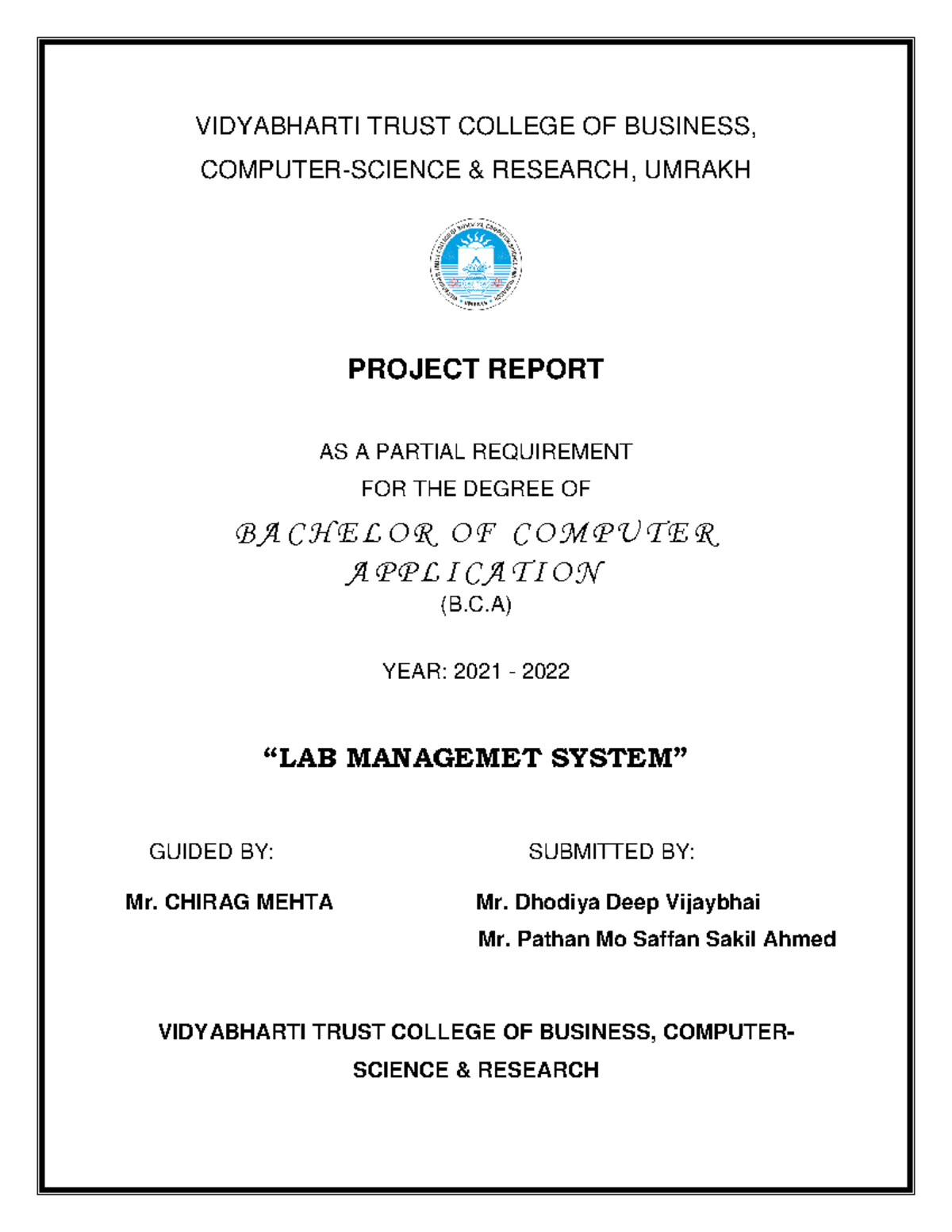 BCA Project Report: Lab Management System 2021-2022 - Studocu