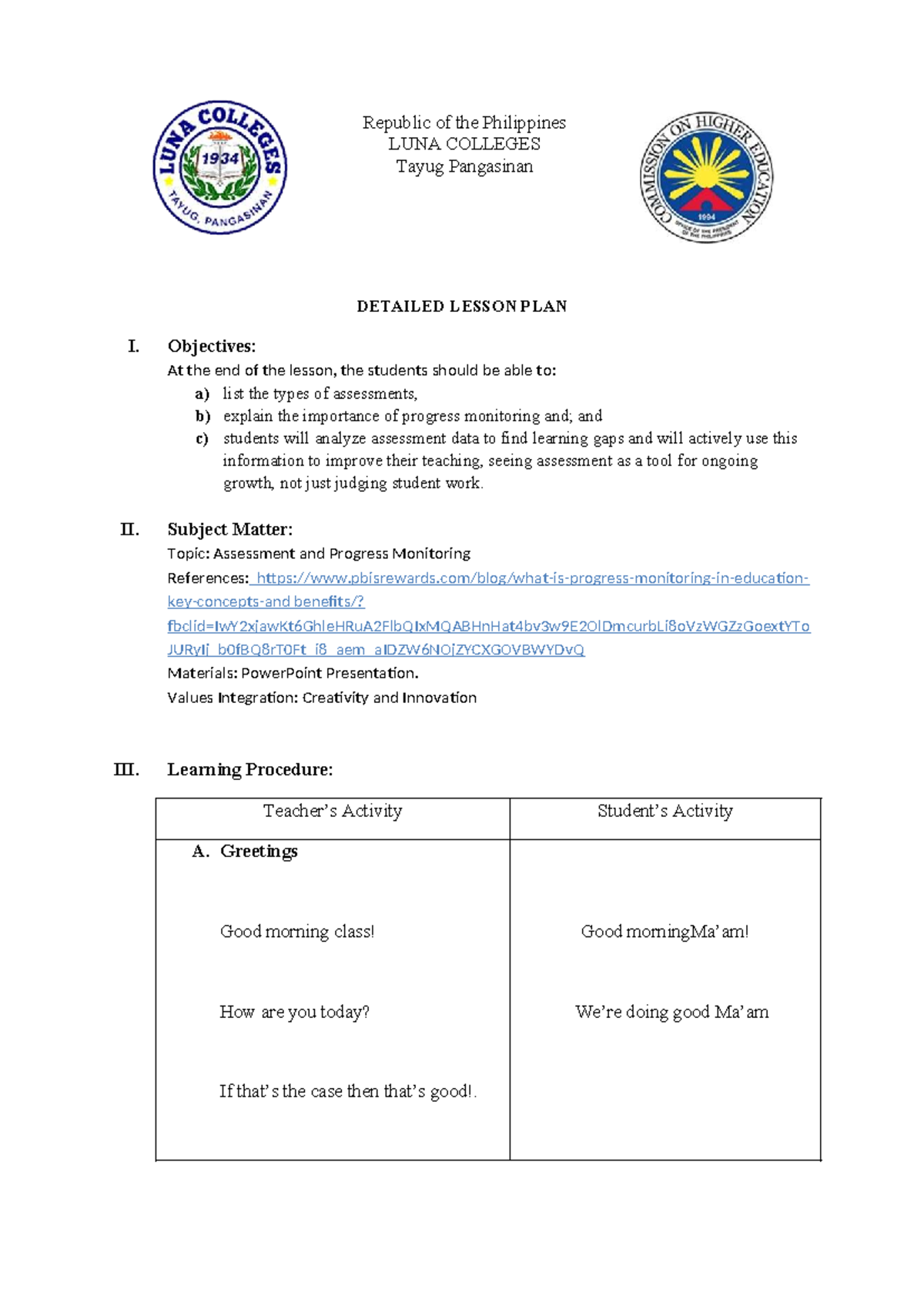Detailed Lesson Plan I: Assessment & Progress Monitoring - Studocu