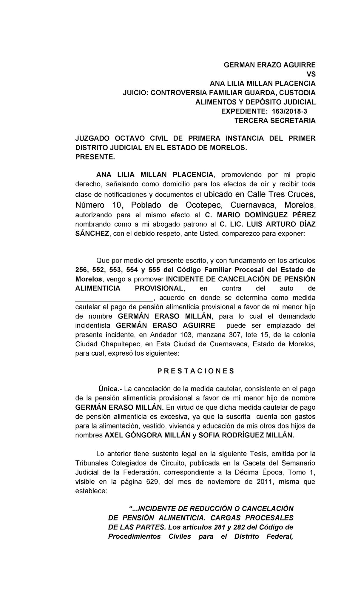 Incidente de Cancelación de Pensión Alimenticia - Juicio Familiar 2023