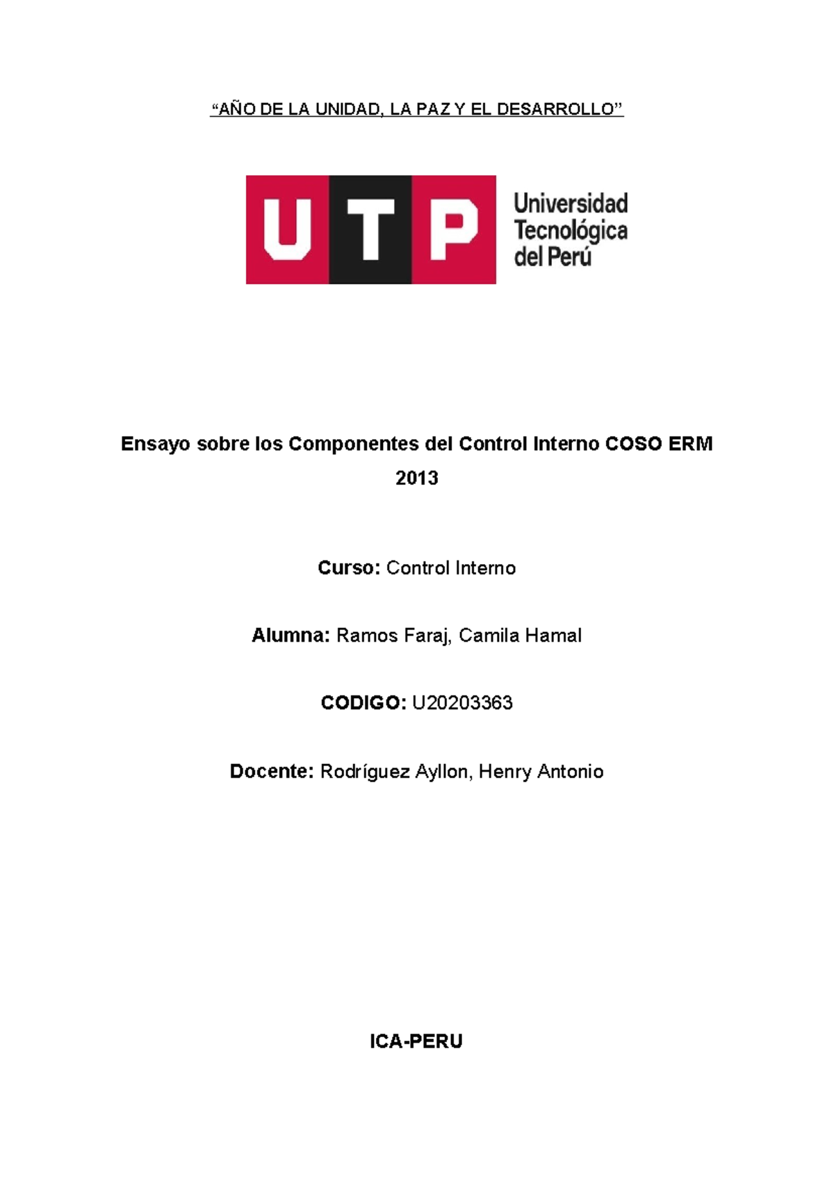 Ensayo sobre Componentes del Control Interno COSO ERM 2013 - Curso U ...