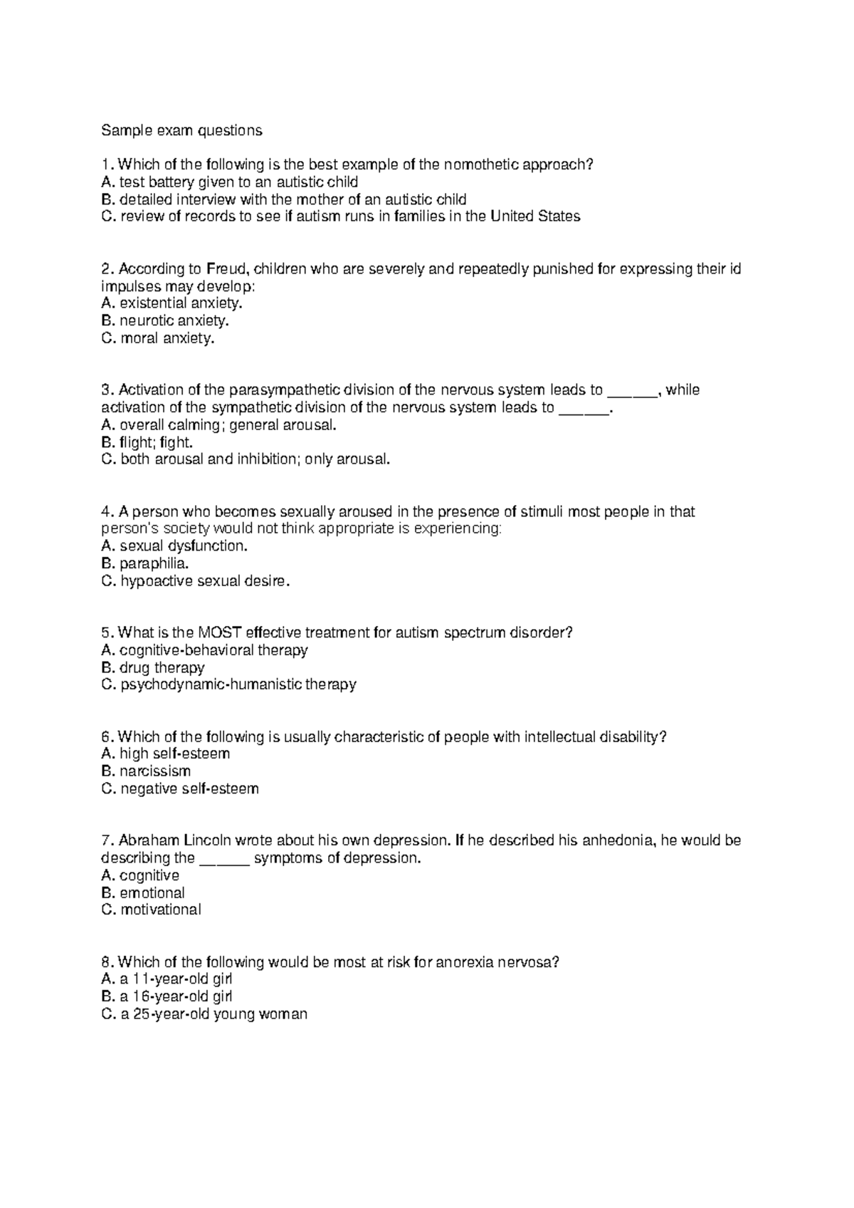 PSY 101 Final Exam Sample Questions and Answers - Studeersnel