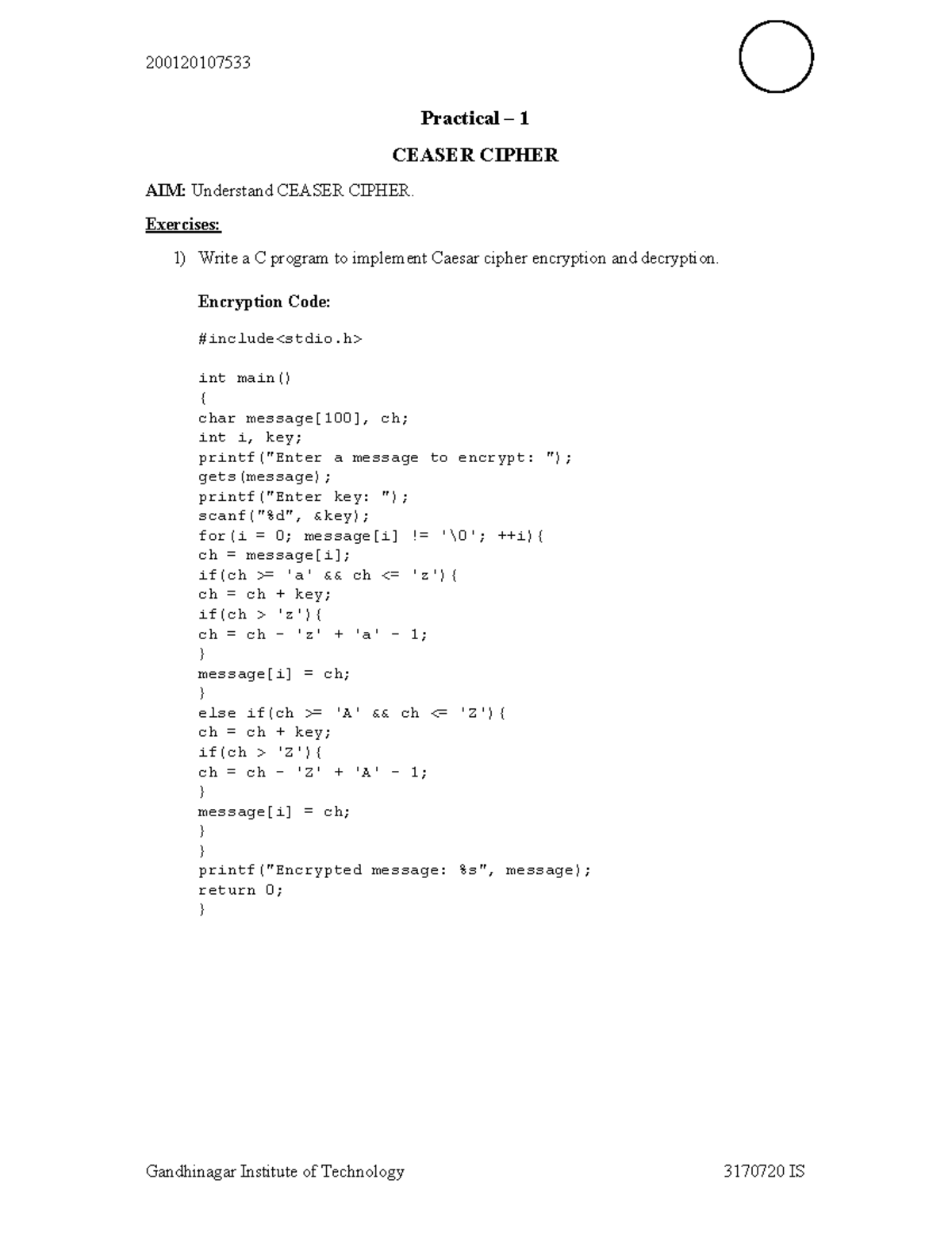 IS 200120107533 Practical Exercises on Ciphers and Key Exchange - Studocu