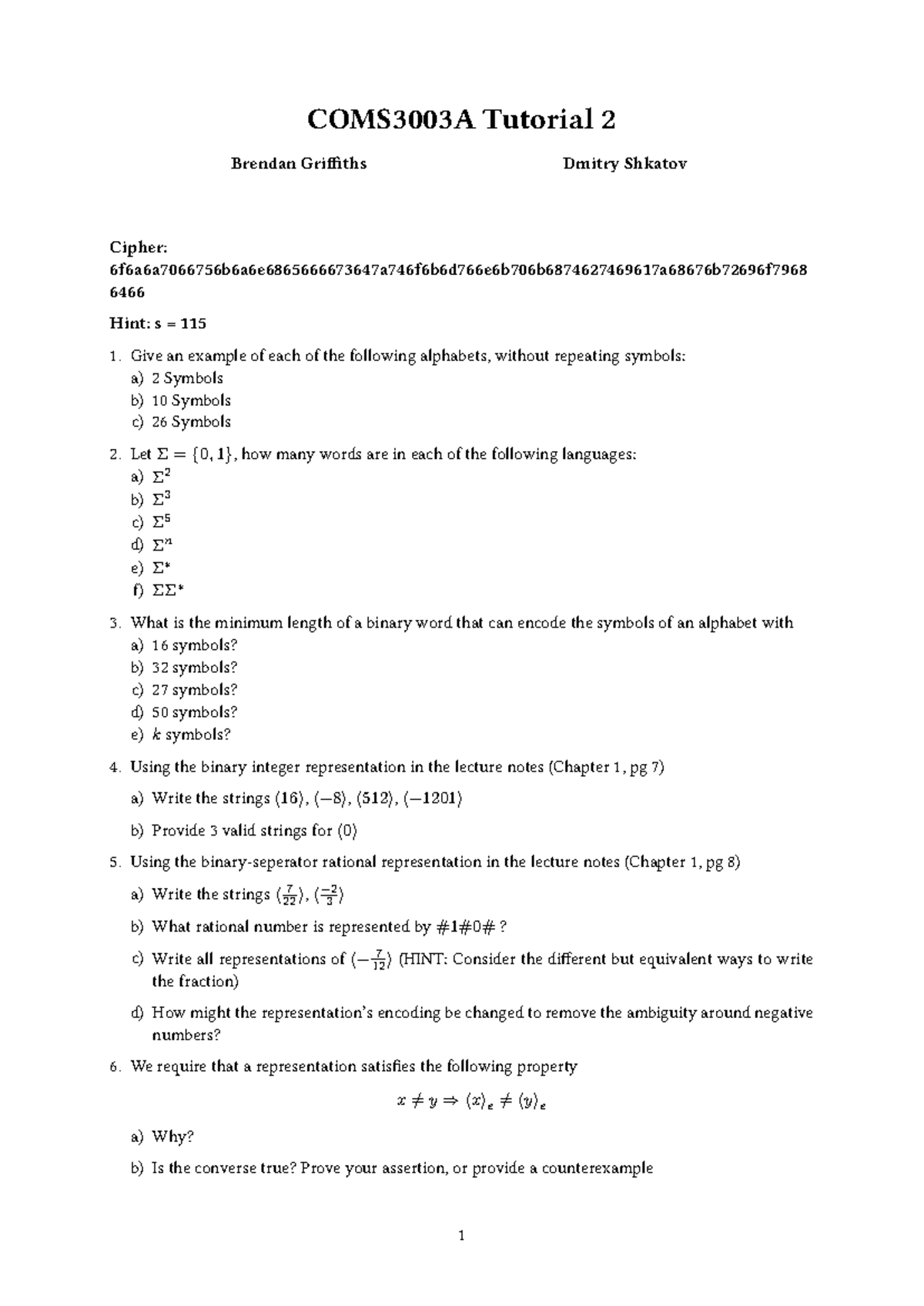 COMS3003A Tutorial 2 - Data Encoding in Binary and Languages - Studocu