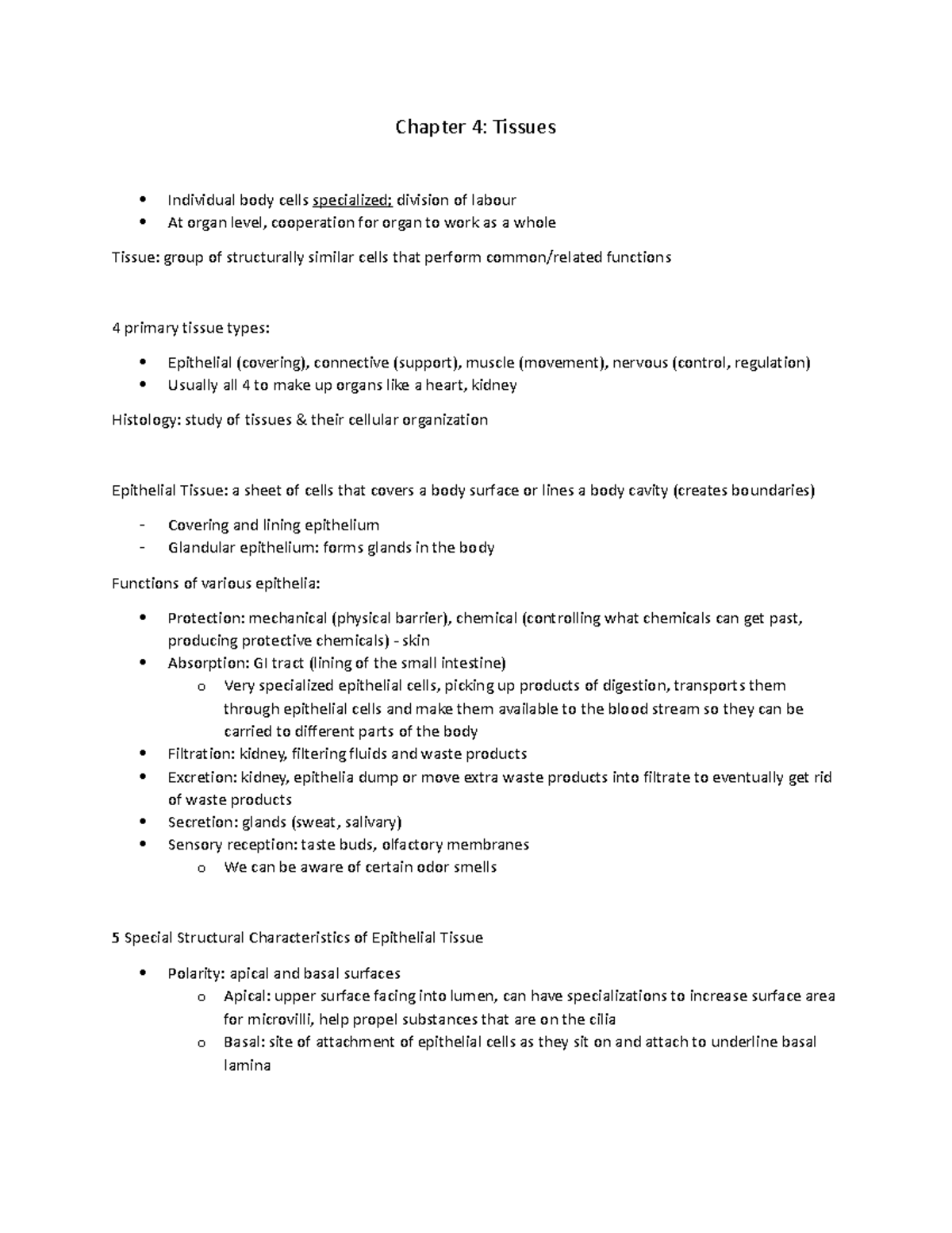 Chapter 4 Tissues - Comprehensive Lecture Notes for Study - Studocu