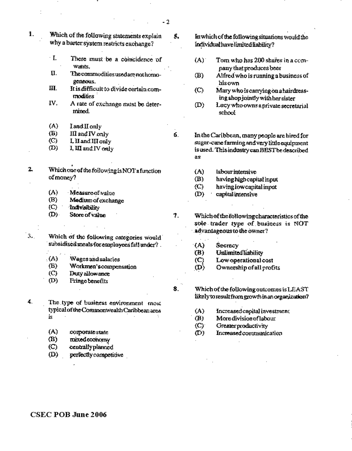 CSEC POB June 2006 Paper 1 Study Guide for Exam Preparation - Studocu