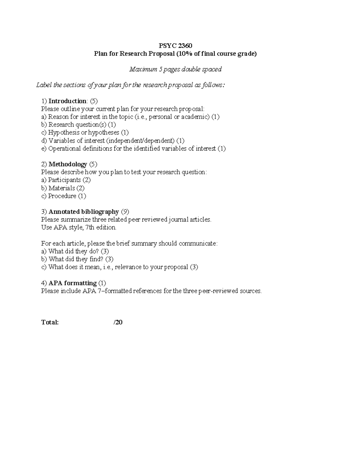 PSYC 2360 Final Research Proposal Plan Rubric W26 - Studocu
